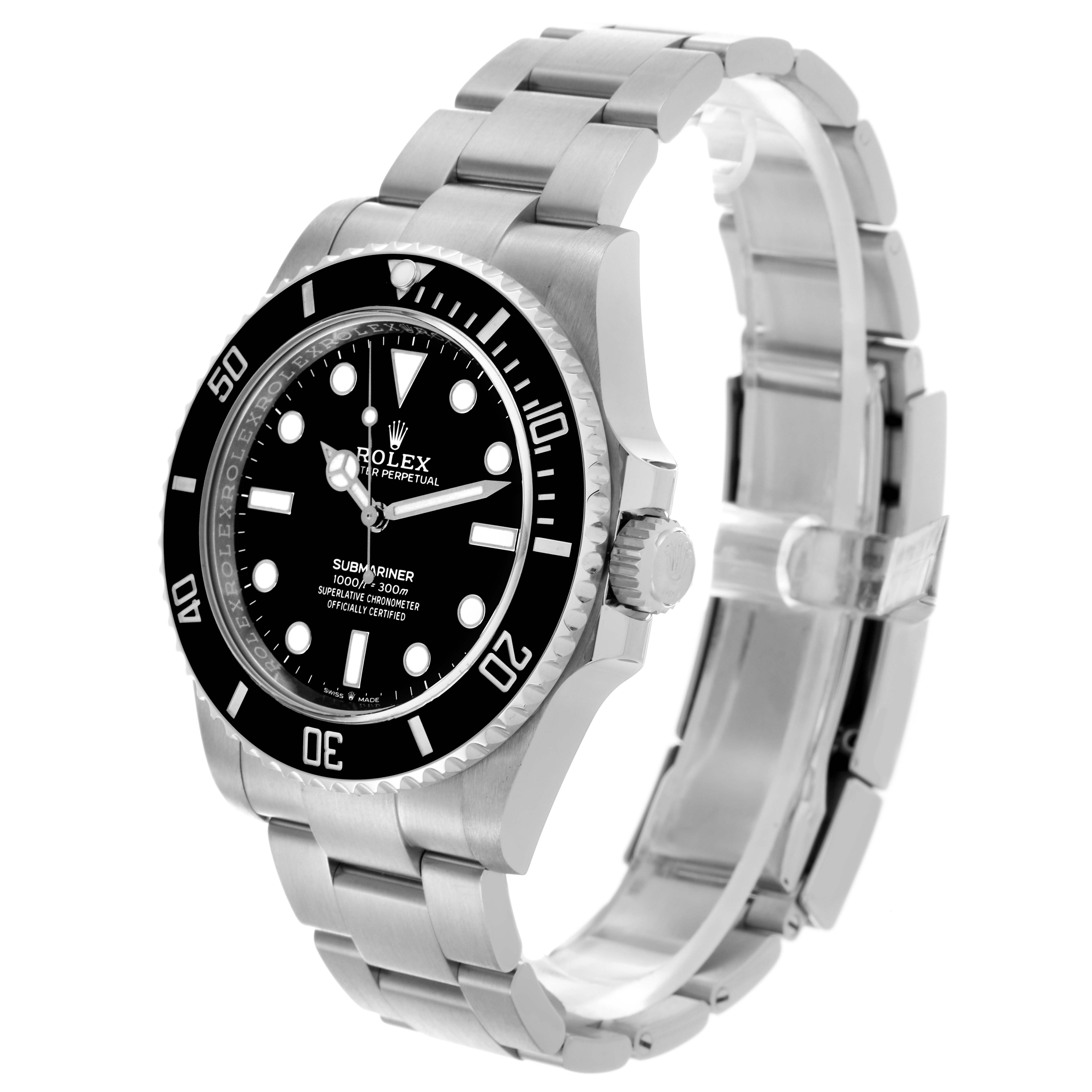 The Rolex Submariner 124060 Men's Stainless Steel Black Dial 124060 Men's Stainless Steel Black Dial watch is shown at a three-quarter angle, highlighting the face, bezel, crown, and bracelet.