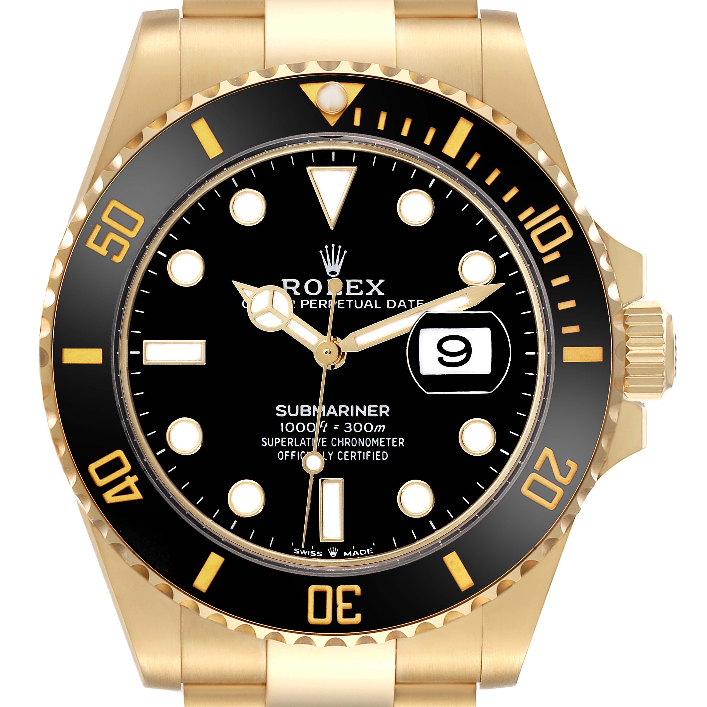 The image shows a Rolex Submariner 126618LN Men
s Yellow Gold Black Dial 126618LN Men
s Yellow Gold Black Dial watch from the front, highlighting the black dial, gold bezel, and date window.