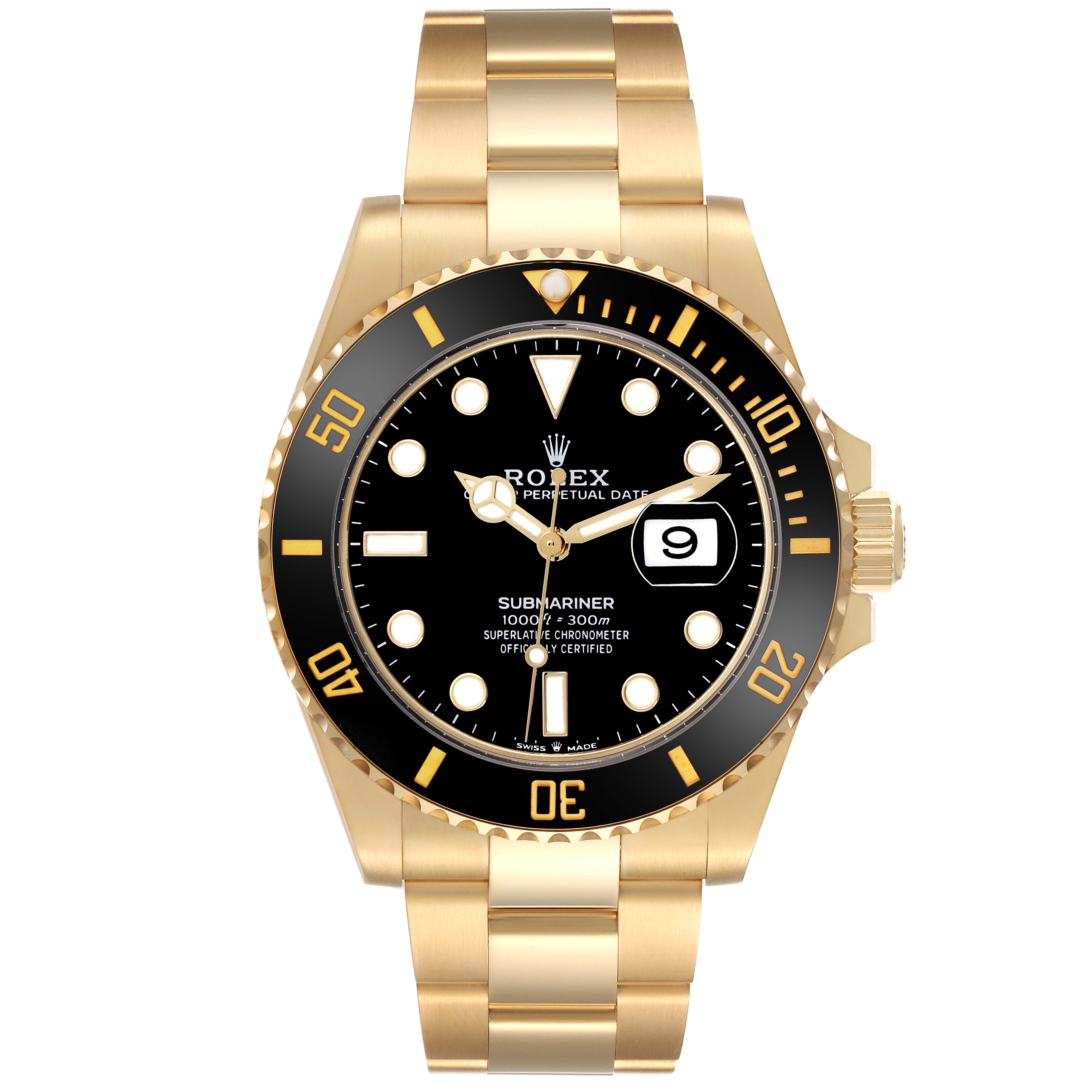 The Rolex Submariner 126618LN Men
s Yellow Gold Black Dial 126618LN Men
s Yellow Gold Black Dial is shown from a front angle, highlighting its gold case, bracelet, black bezel, and dial with date display.