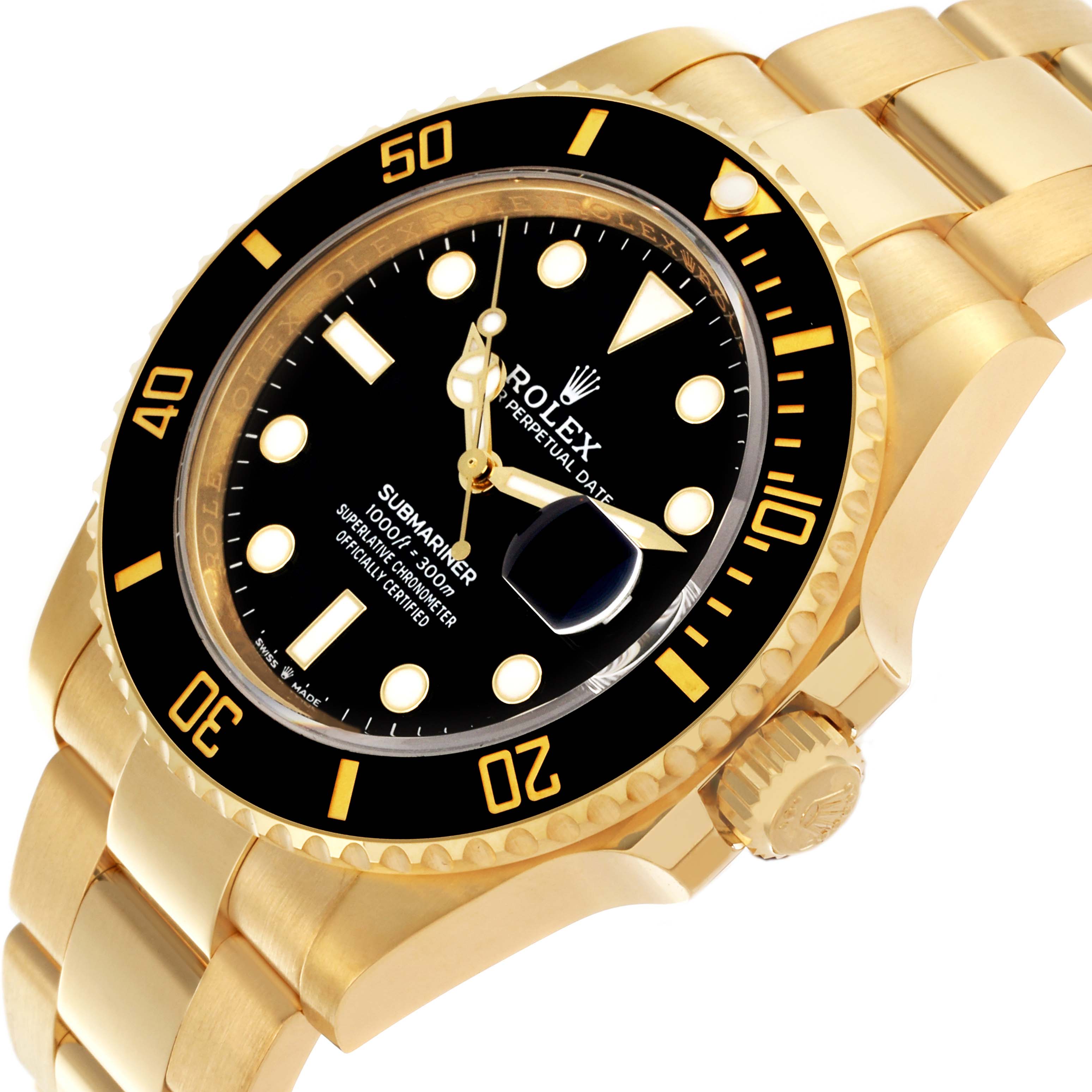 The Rolex Submariner 126618LN Men
s Yellow Gold Black Dial 126618LN Men
s Yellow Gold Black Dial is shown at a slight angle, highlighting the black dial, bezel, and gold bracelet and case.