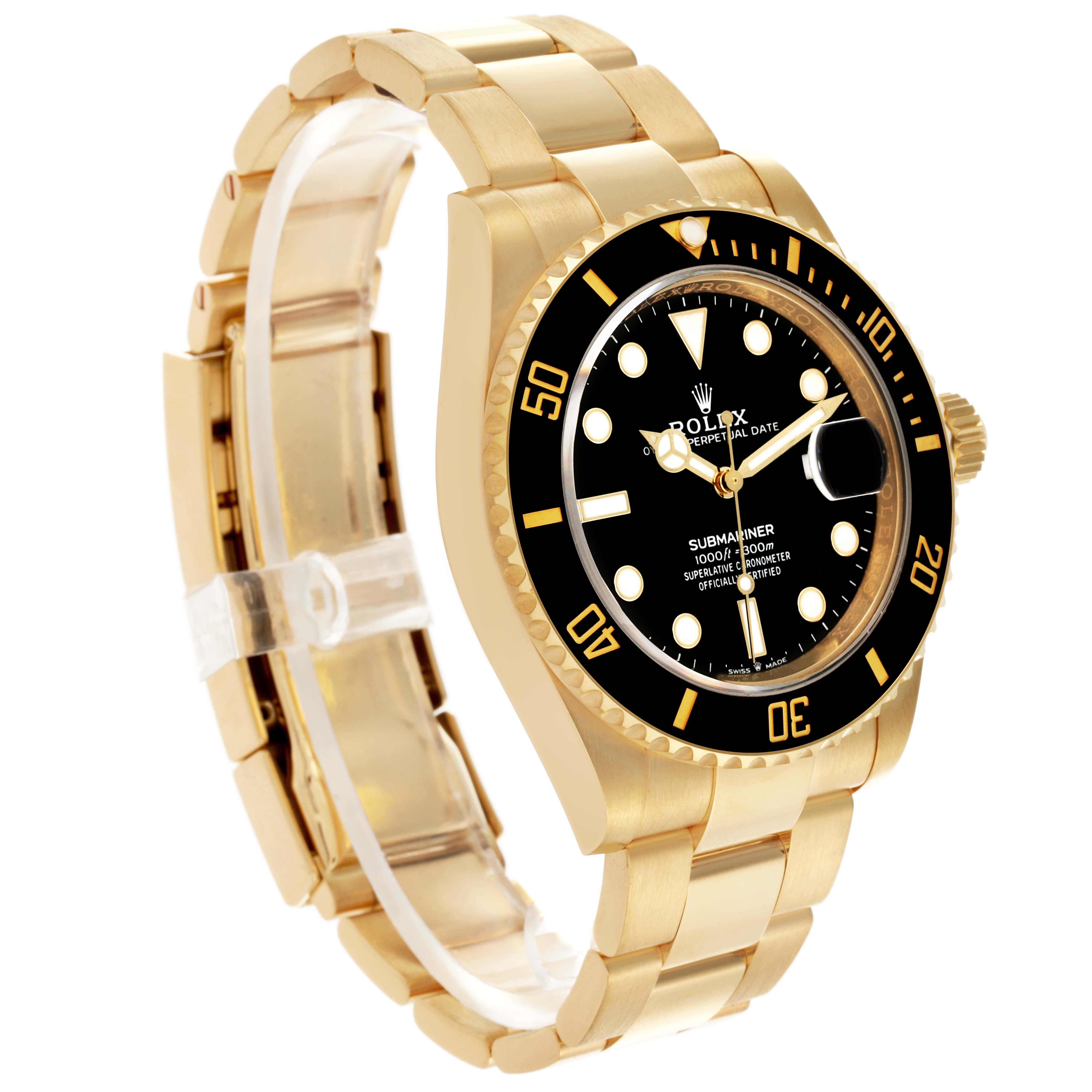 The image shows a Rolex Submariner 126618LN Men
s Yellow Gold Black Dial 126618LN Men
s Yellow Gold Black Dial watch angled from the left, highlighting its gold bracelet, black bezel, and dial.