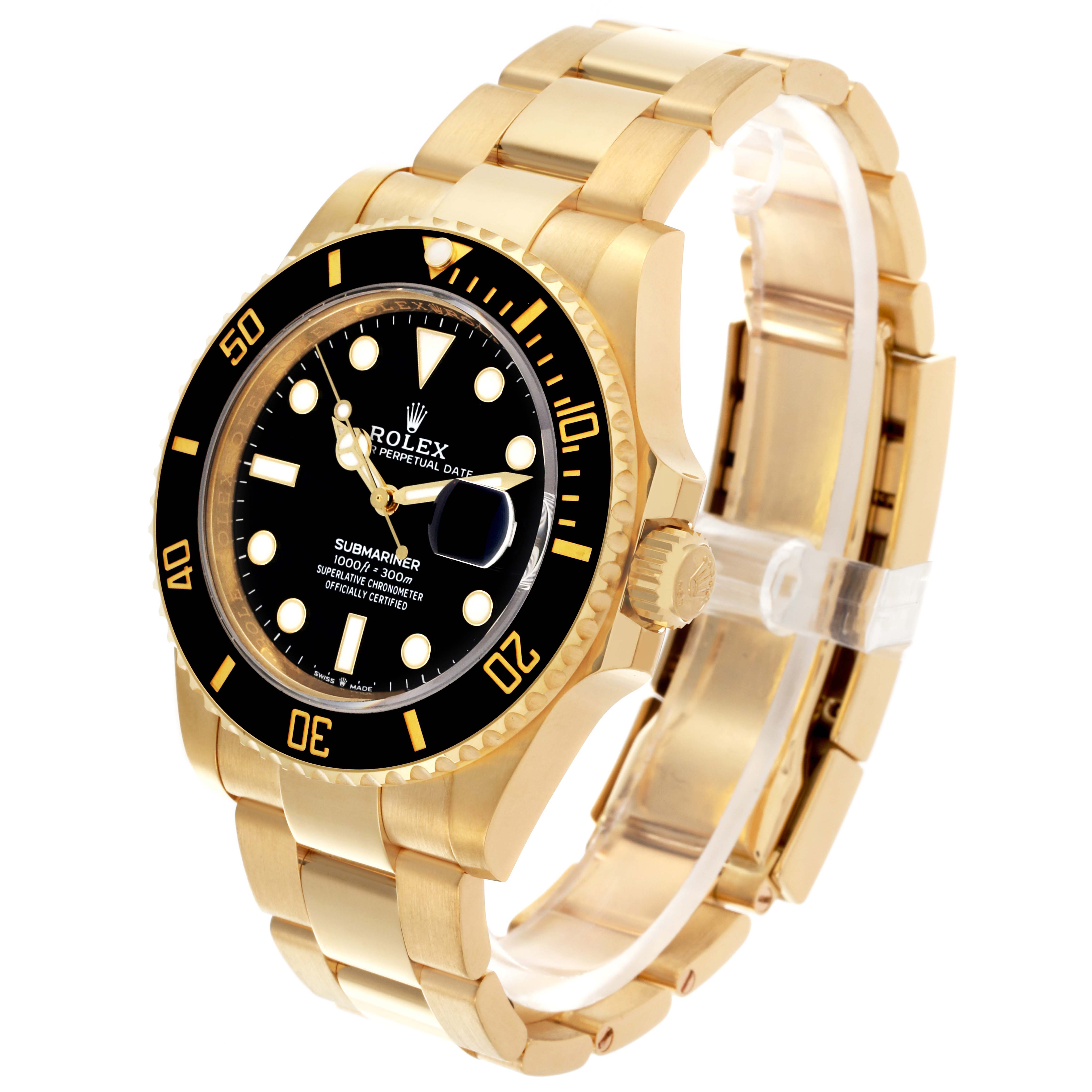 The Rolex Submariner 126618LN Men
s Yellow Gold Black Dial 126618LN Men
s Yellow Gold Black Dial watch is shown at a three-quarter angle, highlighting the black dial, gold bezel, and bracelet.