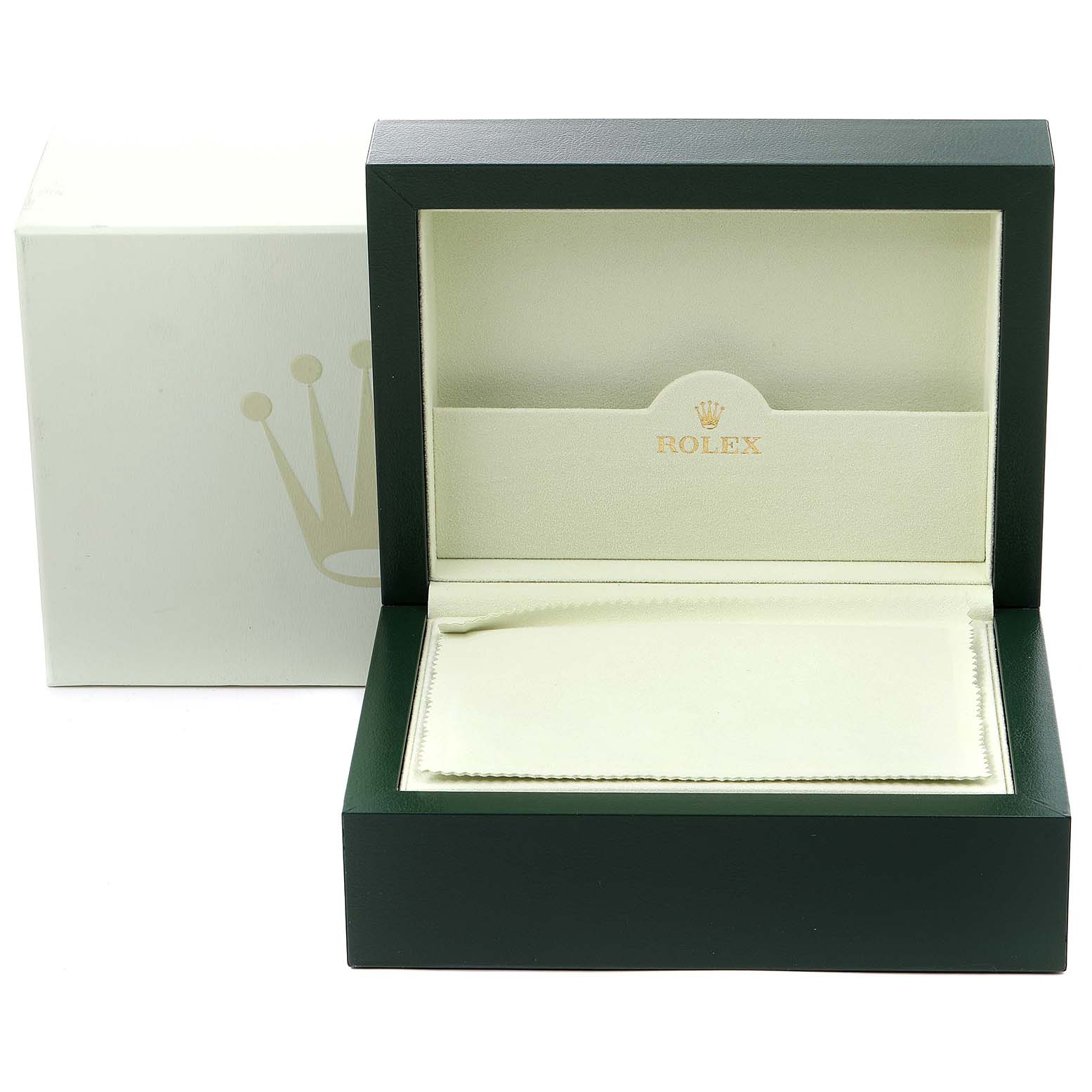 The image shows an empty watch box for a Rolex Submariner 16618 Men's Yellow Gold Blue Dial 16618 Men's Yellow Gold Blue Dial, viewed from the front with the lid open.