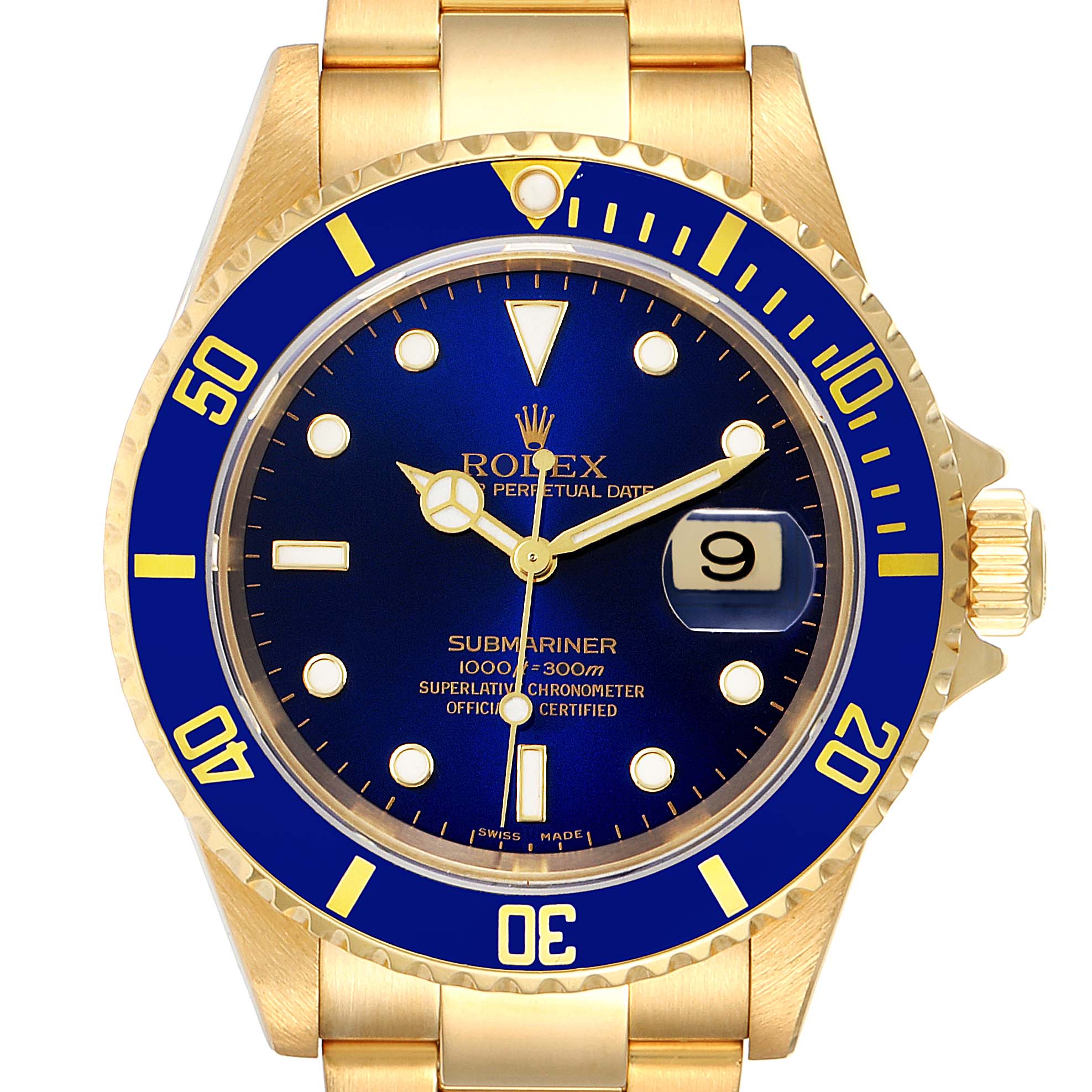 The image shows a Rolex Submariner 16618 Men's Yellow Gold Blue Dial 16618 Men's Yellow Gold Blue Dial watch from a front angle, highlighting its blue dial and bezel, gold case, and bracelet.