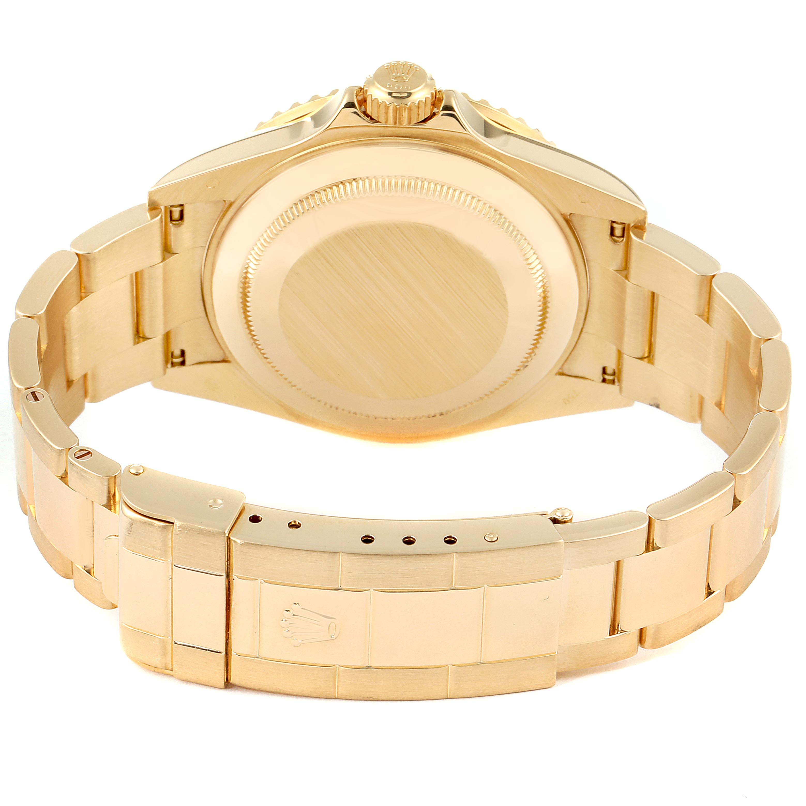 The image shows the back case and clasp of a Rolex Submariner 16618 Men's Yellow Gold Blue Dial 16618 Men's Yellow Gold Blue Dial watch from a rear angle.