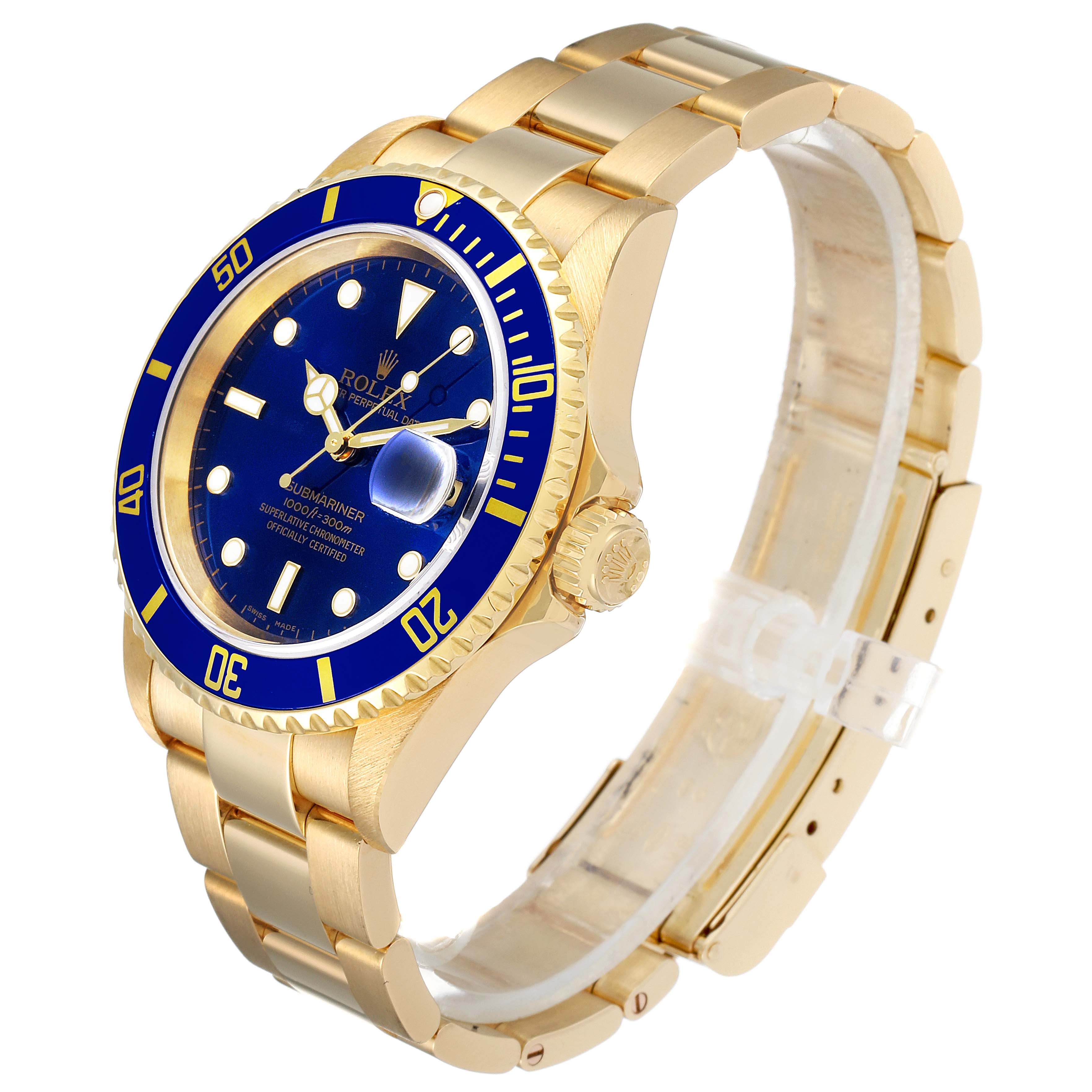 The image shows a Rolex Submariner 16618 Men's Yellow Gold Blue Dial 16618 Men's Yellow Gold Blue Dial watch from an angled side view, highlighting the face, bezel, crown, and bracelet.