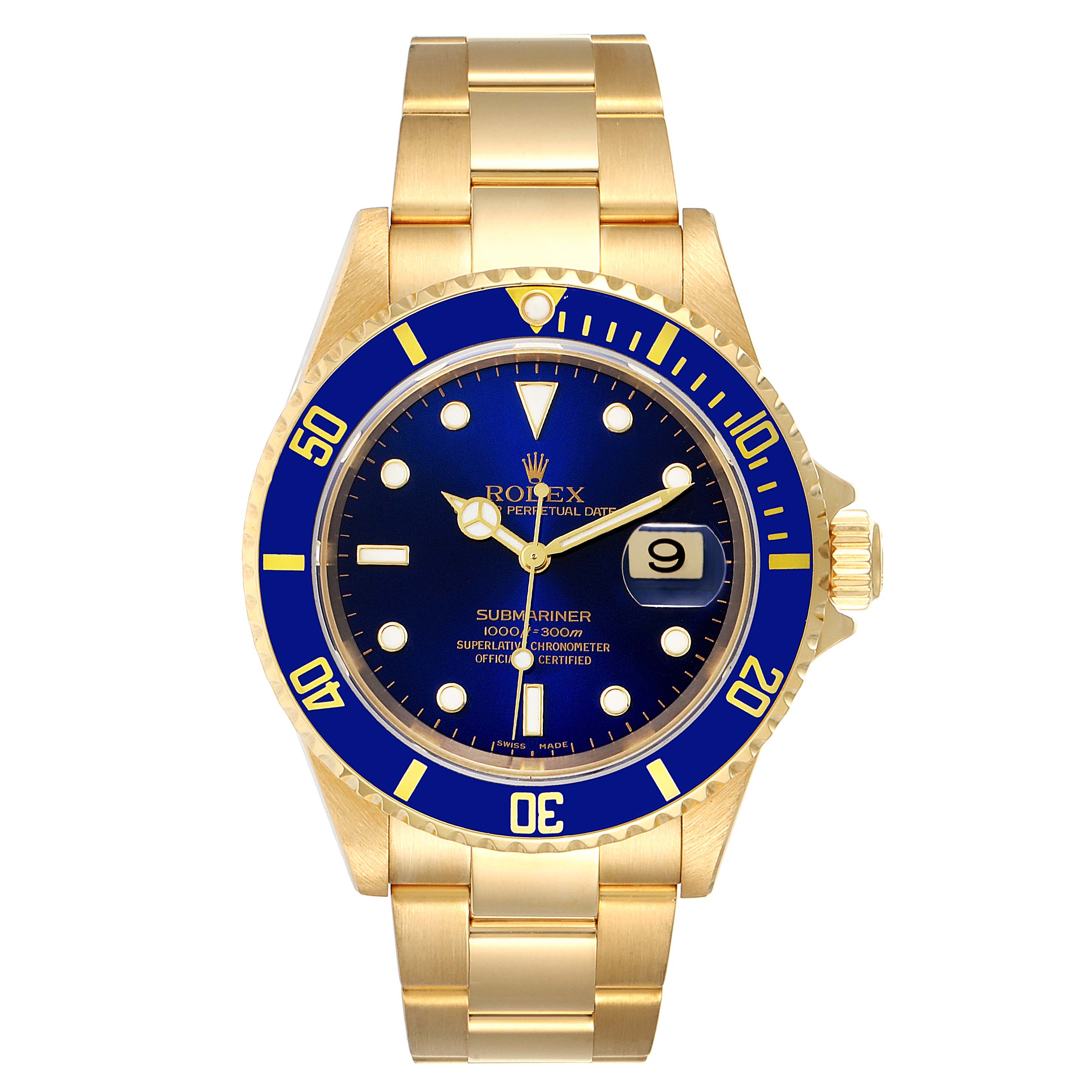 The image shows a full frontal view of a Rolex Submariner 16618 Men's Yellow Gold Blue Dial 16618 Men's Yellow Gold Blue Dial watch with a gold bracelet and a blue dial.