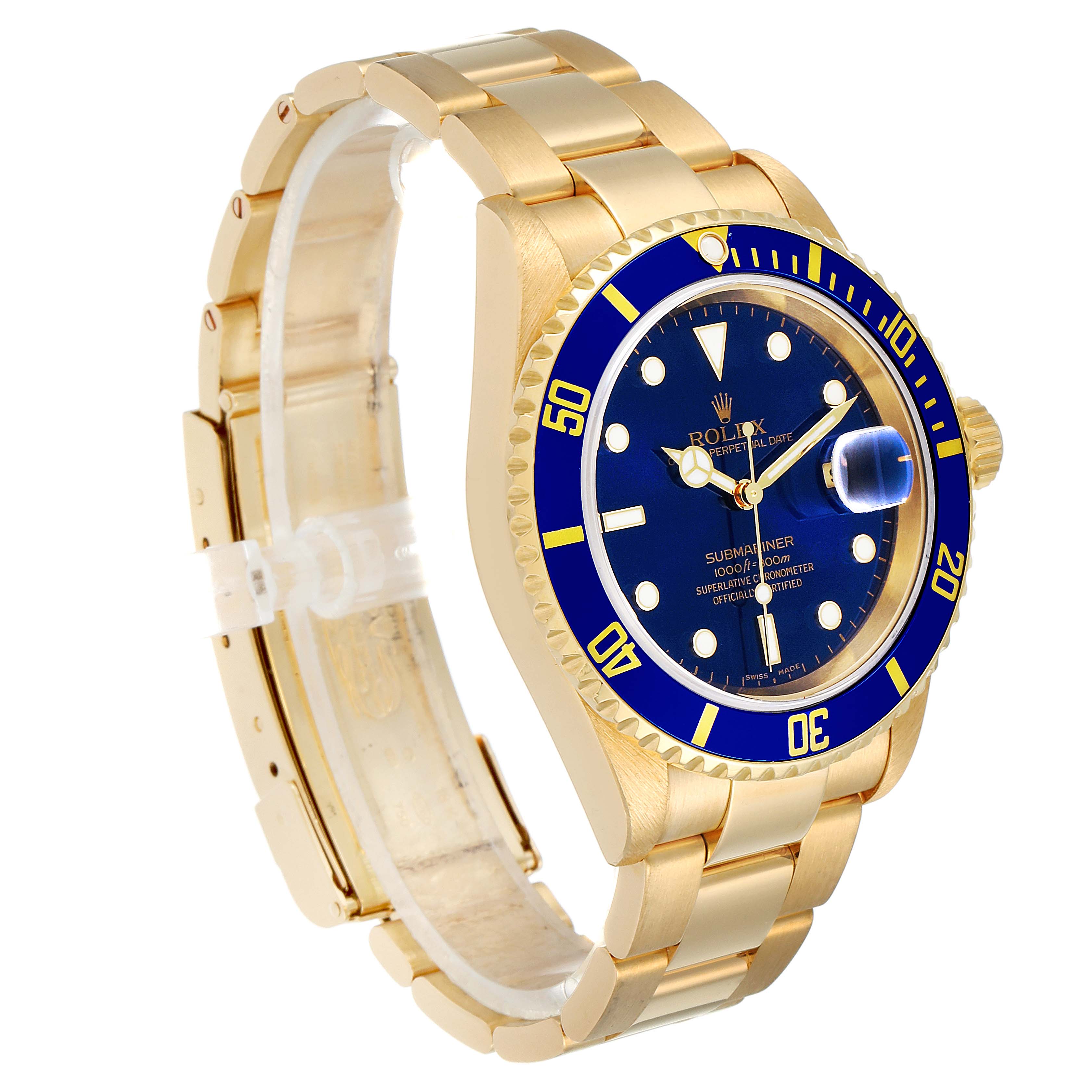 The image shows a side angle of the Rolex Submariner 16618 Men's Yellow Gold Blue Dial 16618 Men's Yellow Gold Blue Dial watch, focusing on its gold bracelet, blue dial, and bezel.