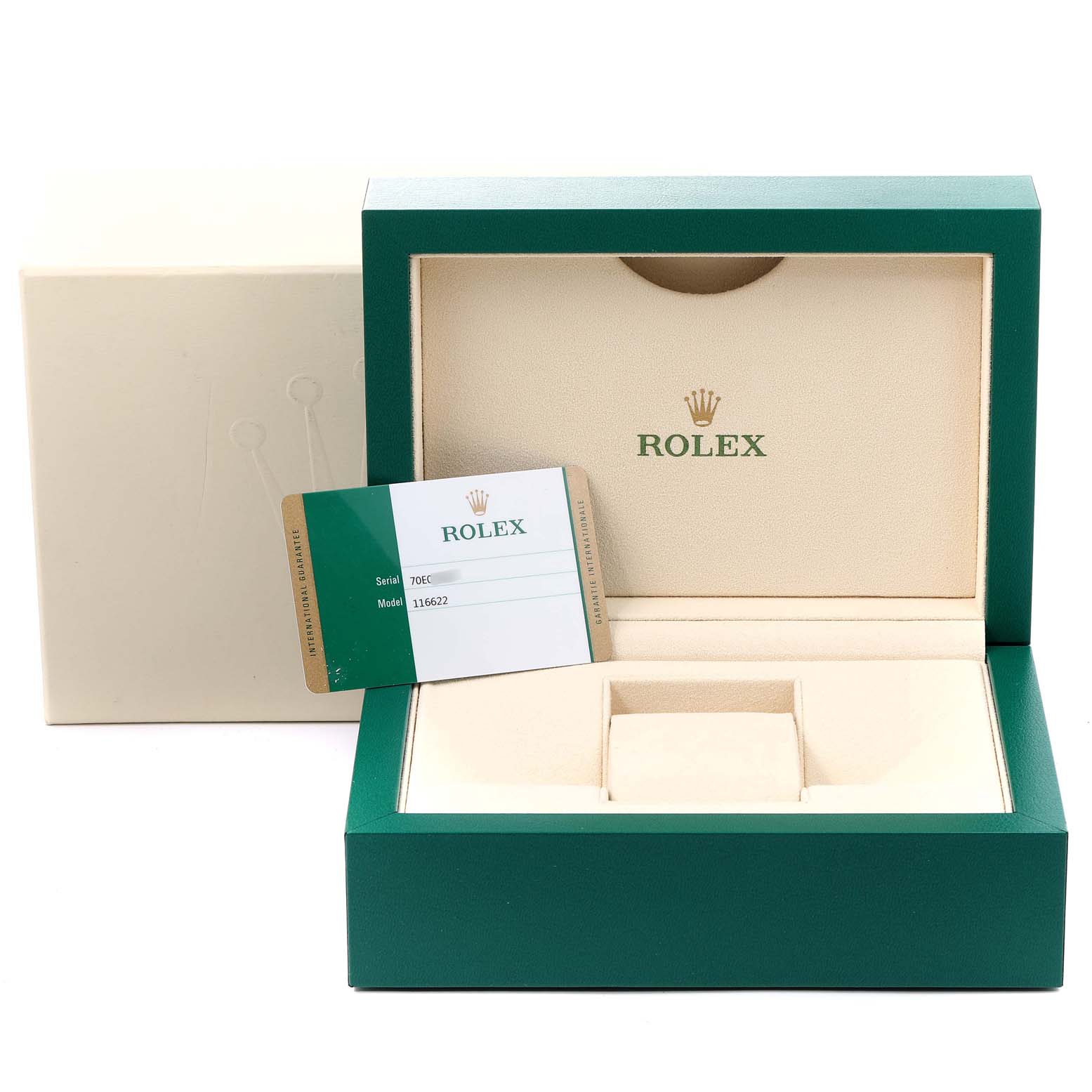 The image shows the open box, cardholder, and guarantee card for a Rolex Yacht-Master 116622 Men
s Stainless Steel Grey Dial 116622 Men
s Stainless Steel Grey Dial watch, displayed from a front angle.