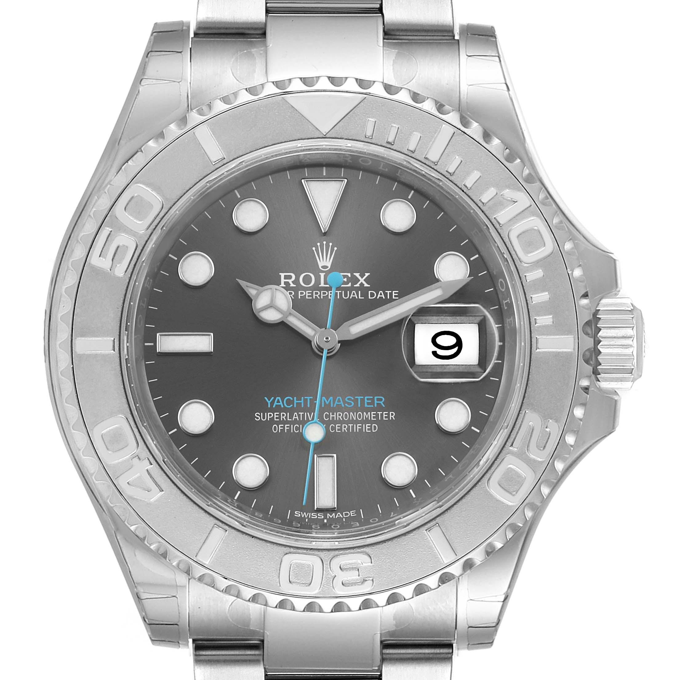 This image shows a frontal view of a Rolex Yacht-Master 116622 Men
s Stainless Steel Grey Dial 116622 Men
s Stainless Steel Grey Dial watch, highlighting its dial, bezel, hands, and bracelet.