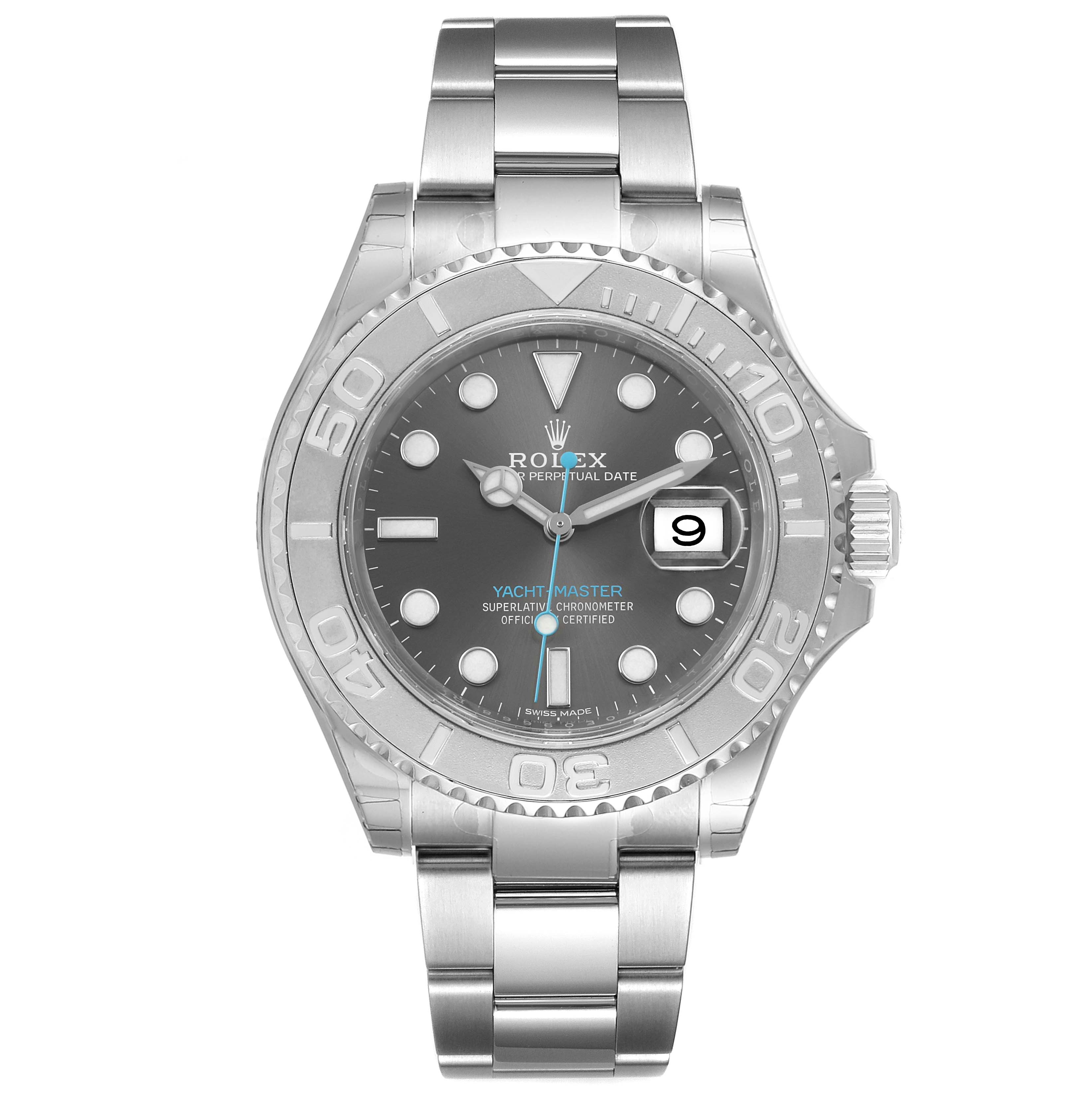 The image shows a frontal view of a Rolex Yacht-Master 116622 Men
s Stainless Steel Grey Dial 116622 Men
s Stainless Steel Grey Dial watch, highlighting its dial, case, bracelet, and date window.
