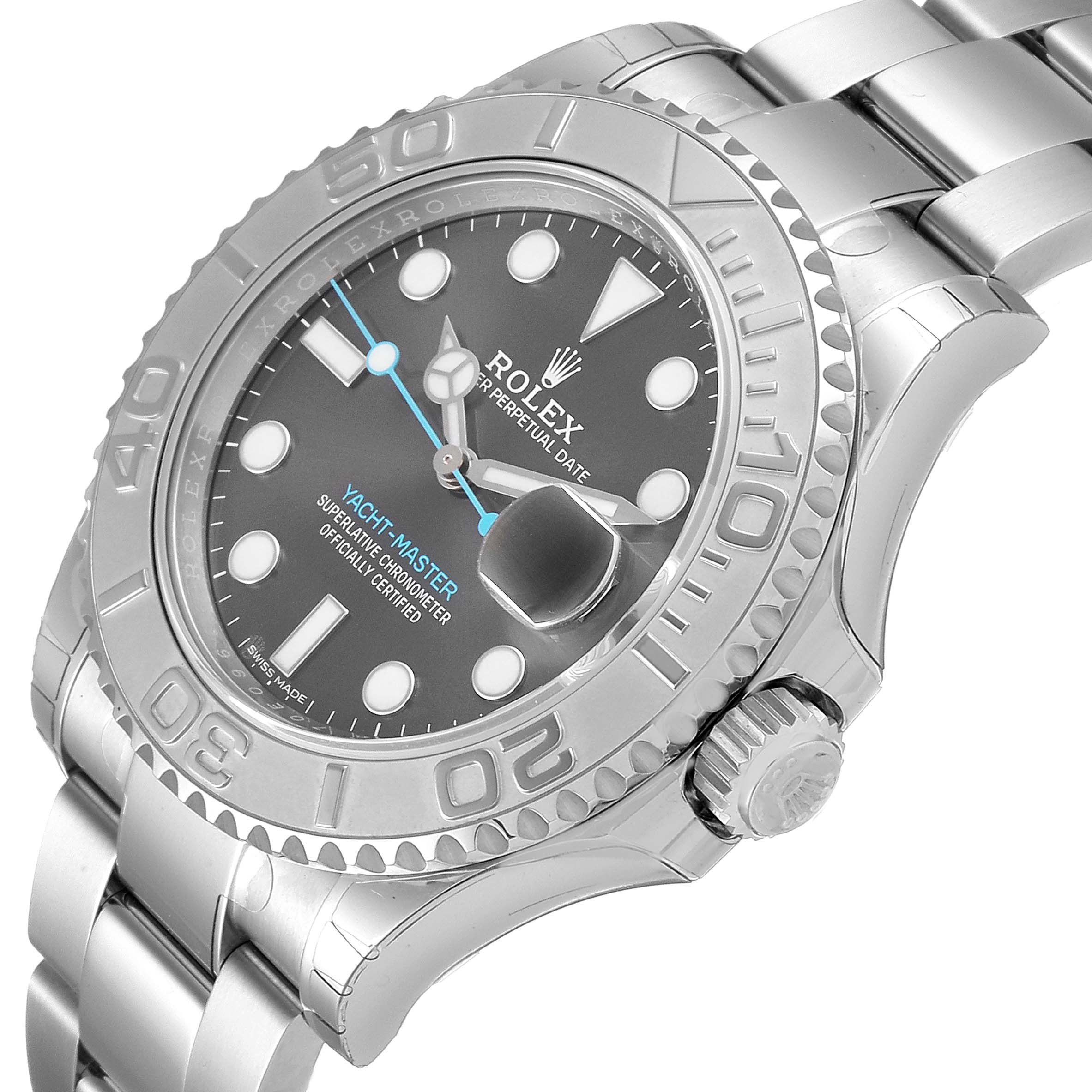 The image shows a close-up of a Rolex Yacht-Master 116622 Men
s Stainless Steel Grey Dial 116622 Men
s Stainless Steel Grey Dial watch from the front and side, highlighting the bezel, dial, and bracelet.