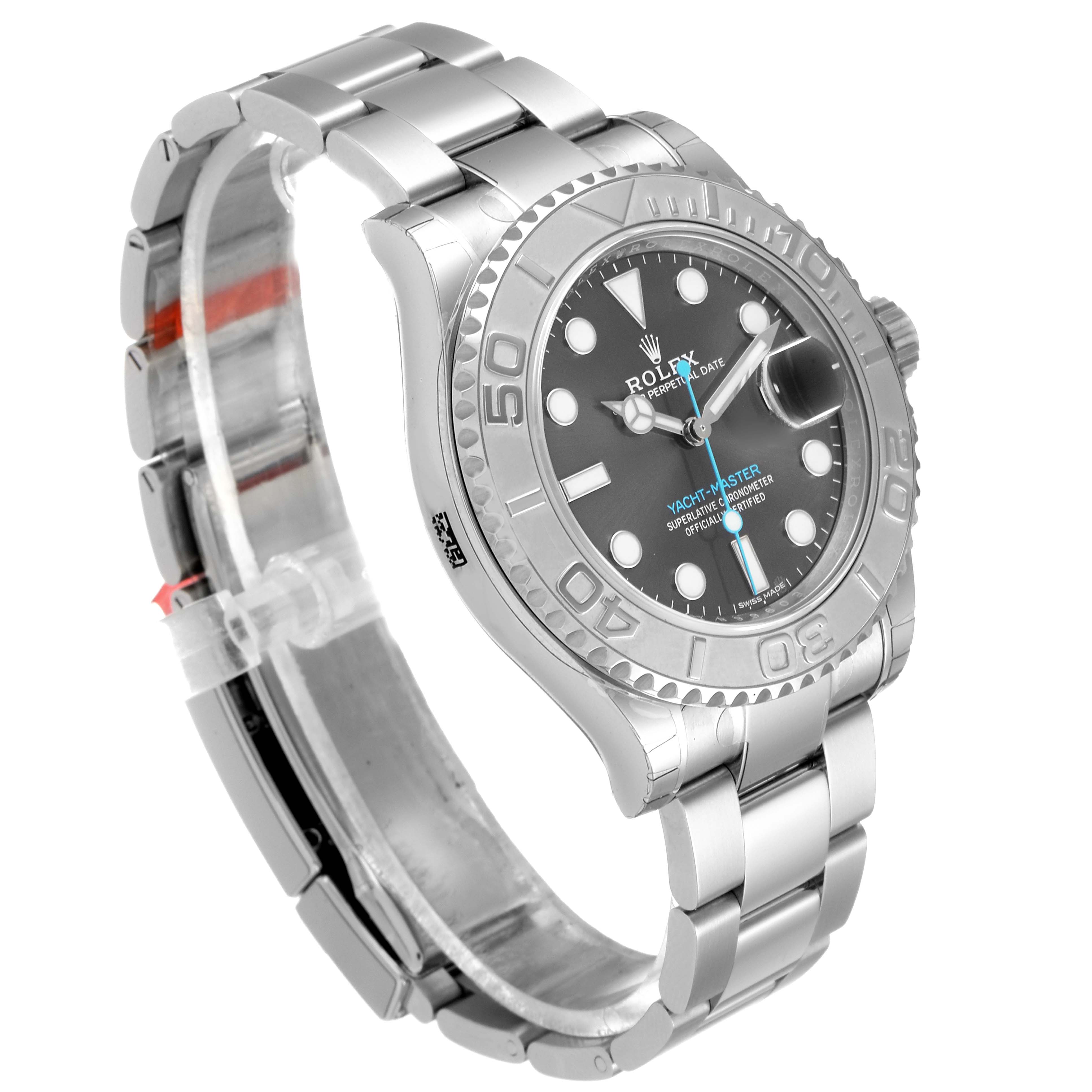 The image shows a side view of the Rolex Yacht-Master 116622 Men
s Stainless Steel Grey Dial 116622 Men
s Stainless Steel Grey Dial watch, highlighting its bracelet, bezel, and watch face.