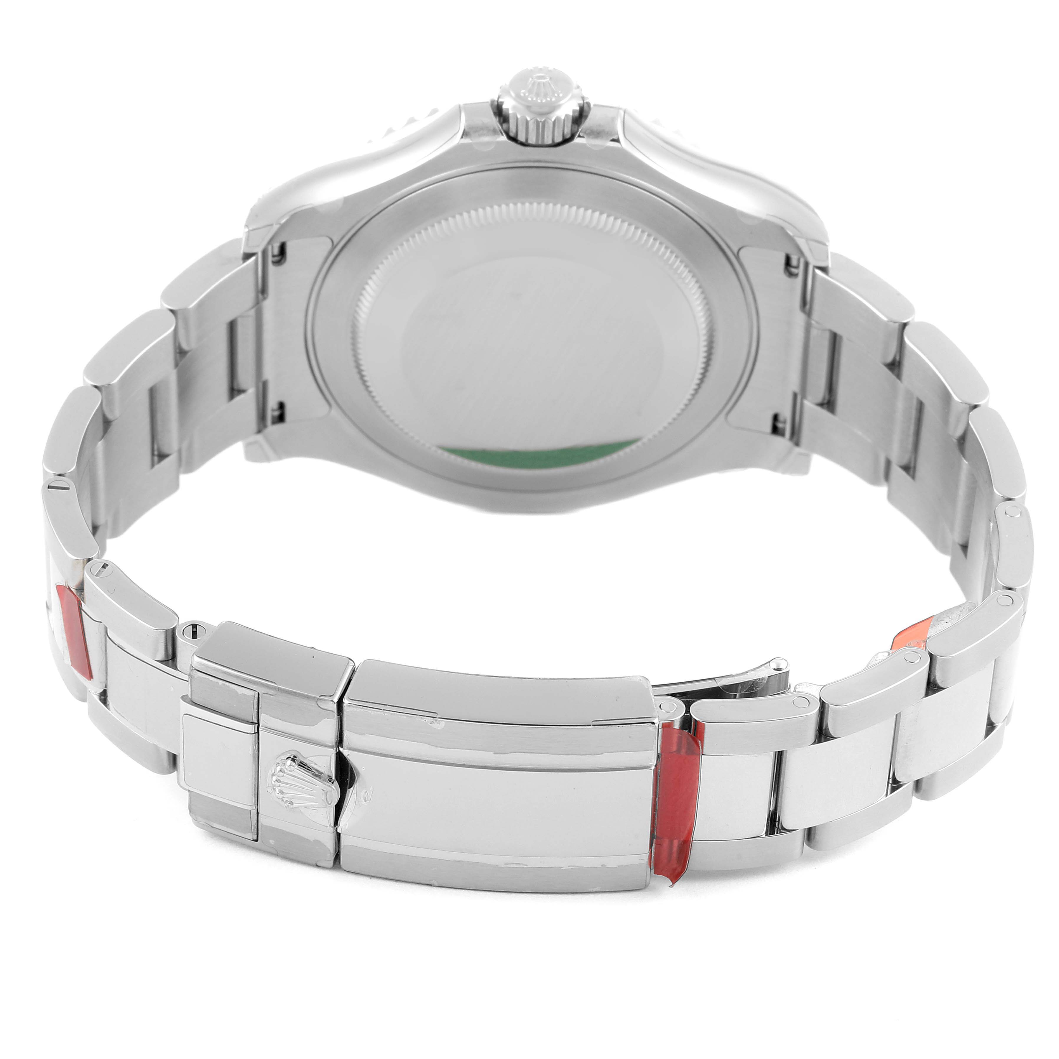 The image shows the rear view of the Rolex Yacht-Master 116622 Men
s Stainless Steel Grey Dial 116622 Men
s Stainless Steel Grey Dial watch, highlighting the bracelet and clasp.