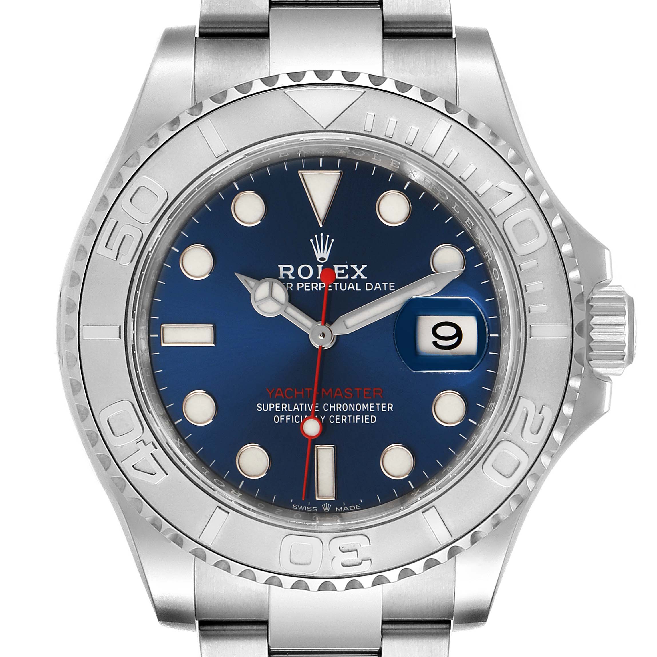 This is a front view of a Rolex Yacht-Master 126622 Men's Stainless Steel Blue Dial 126622 Men's Stainless Steel Blue Dial watch displaying the bezel, dial, hands, date window, and part of the bracelet.
