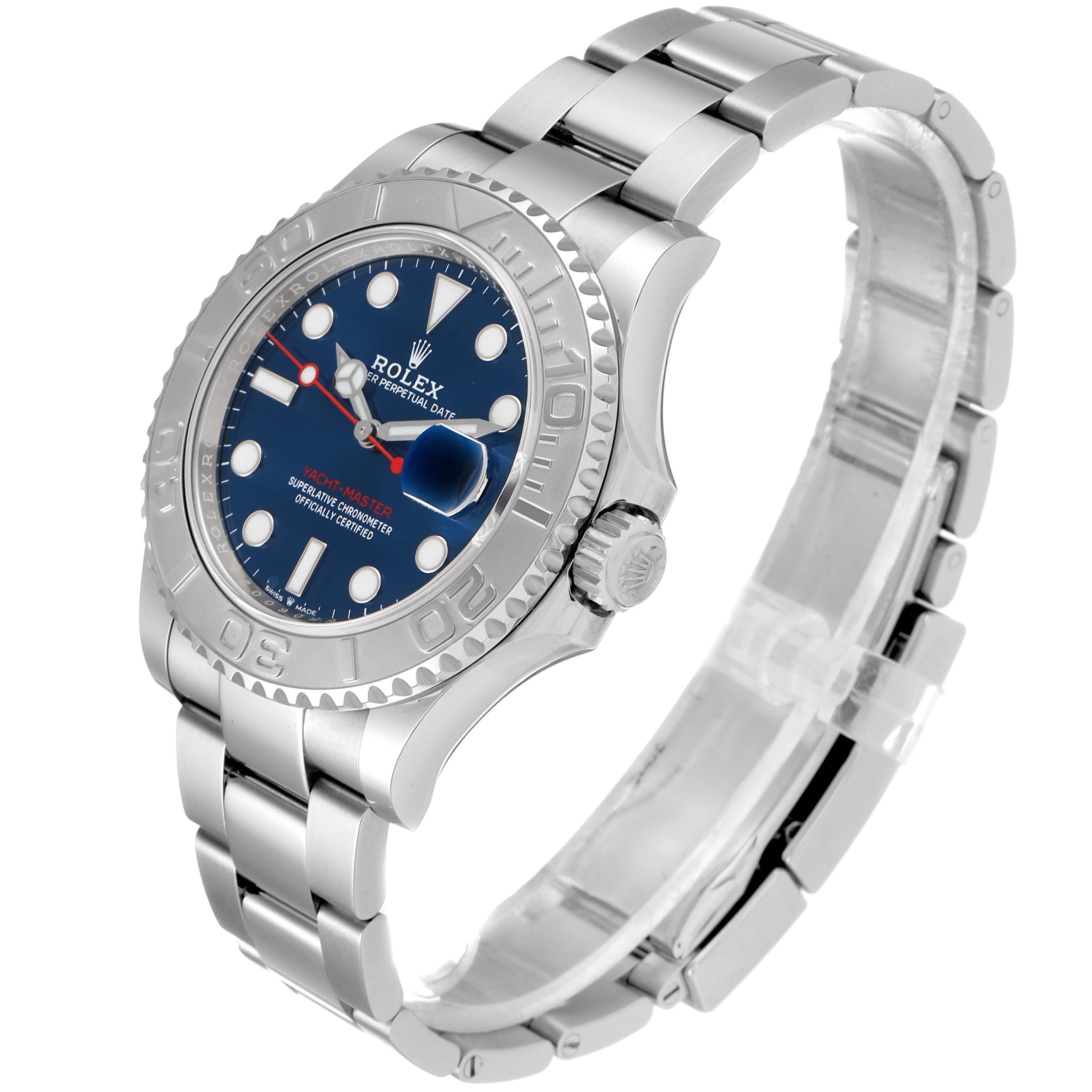 The Rolex Yacht-Master 126622 Men's Stainless Steel Blue Dial 126622 Men's Stainless Steel Blue Dial watch is shown at a three-quarter angle, displaying its face, bezel, case, and bracelet.