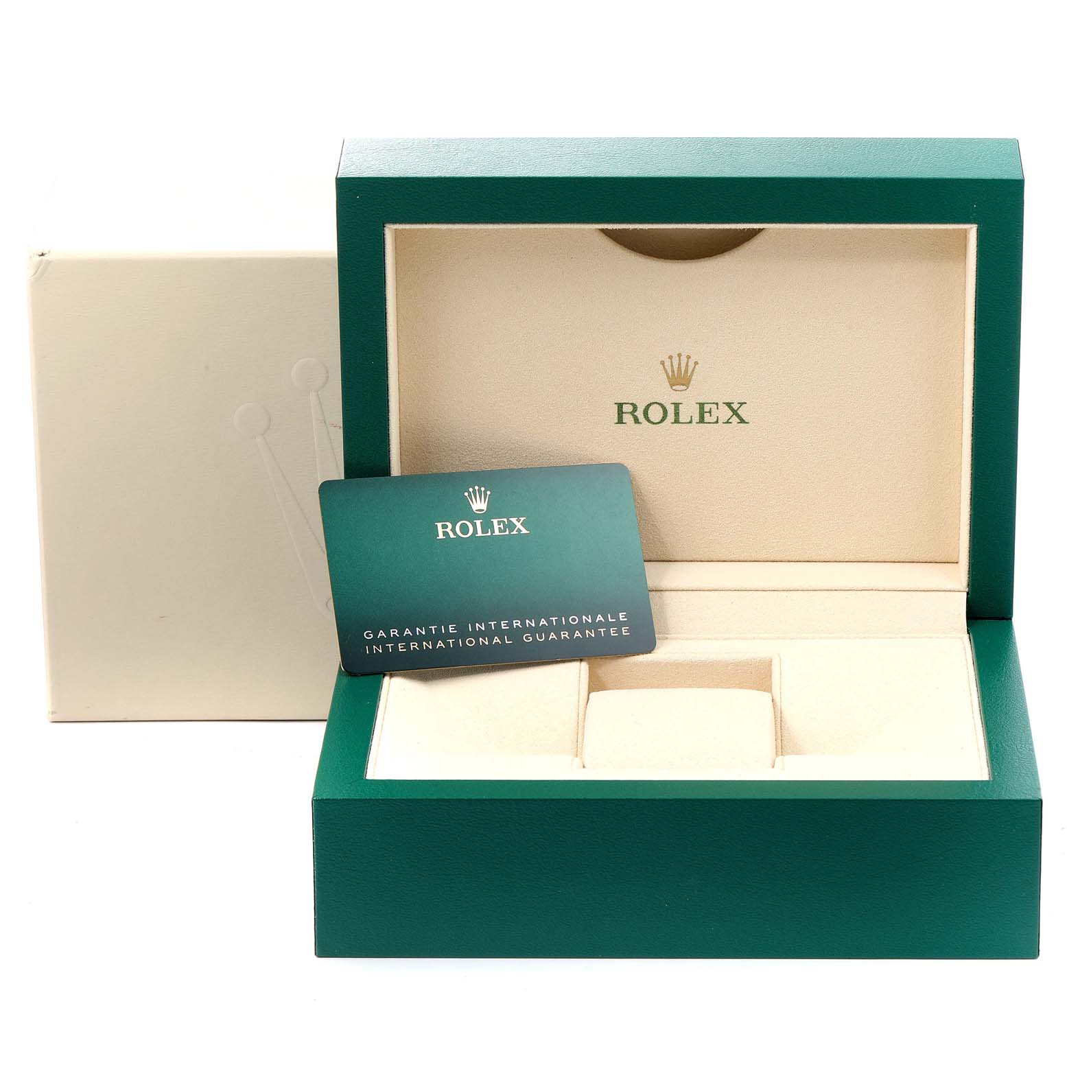 This image shows the open packaging of a Rolex Yacht-Master 126622 Men's Stainless Steel Blue Dial 126622 Men's Stainless Steel Blue Dial watch, including its box and an international guarantee card.