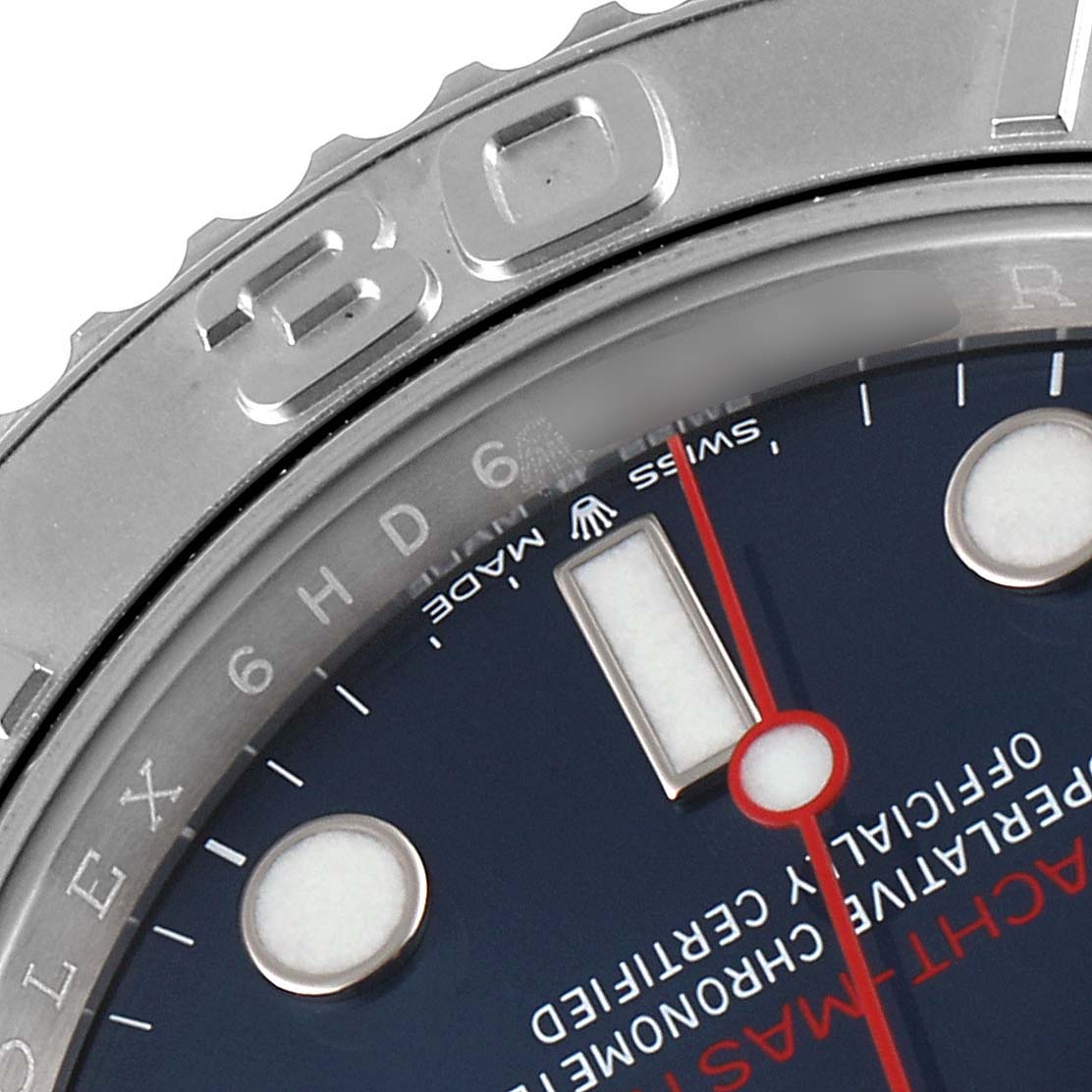 This close-up angle shows part of the dial and bezel of the Rolex Yacht-Master 126622 Men's Stainless Steel Blue Dial 126622 Men's Stainless Steel Blue Dial watch.