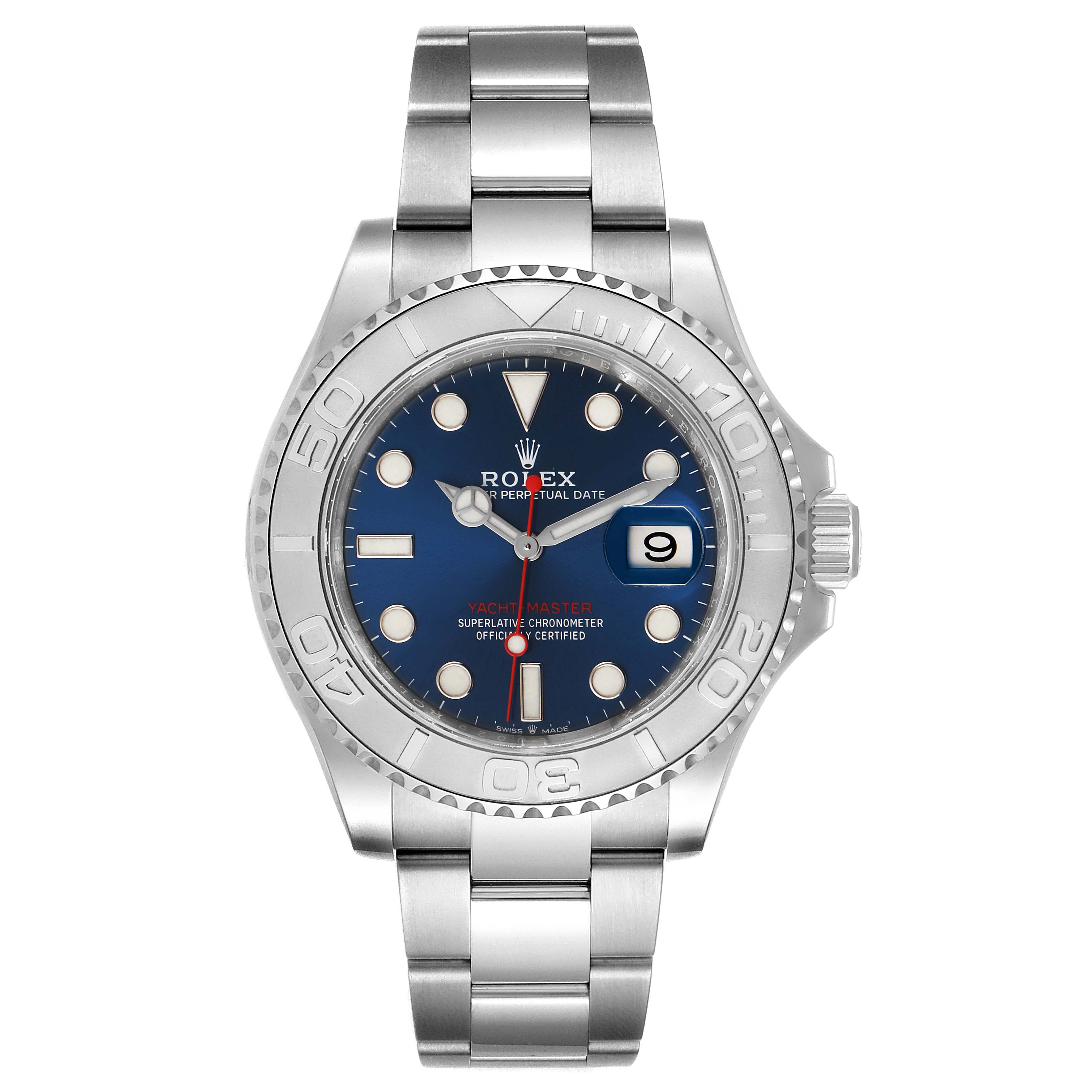 The Rolex Yacht-Master 126622 Men's Stainless Steel Blue Dial 126622 Men's Stainless Steel Blue Dial watch is shown from the front, highlighting the bezel, dial, hands, and bracelet.