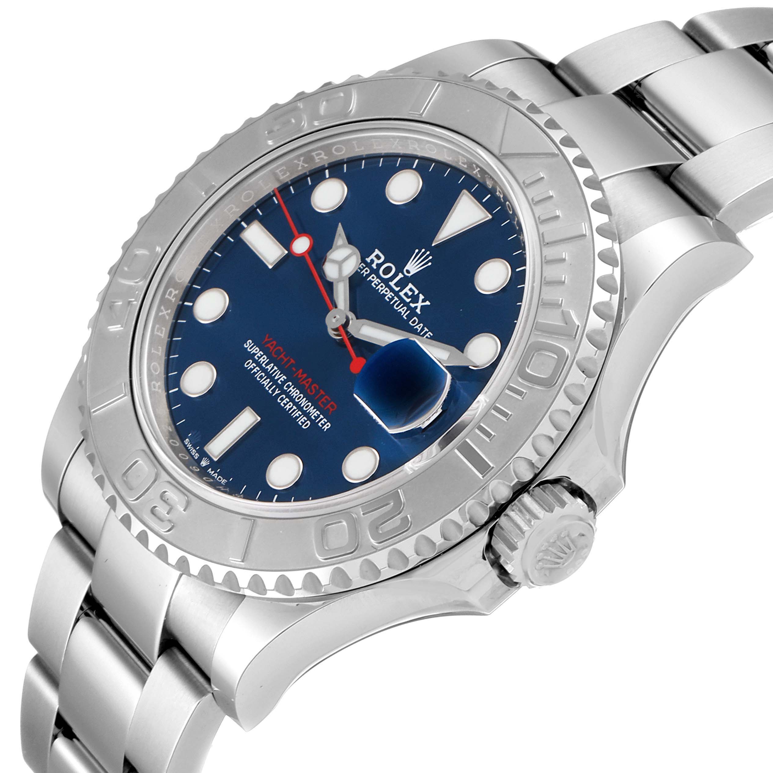 This image shows a side and top view of a Rolex Yacht-Master 126622 Men's Stainless Steel Blue Dial 126622 Men's Stainless Steel Blue Dial watch, highlighting the bezel, dial, bracelet, and crown.