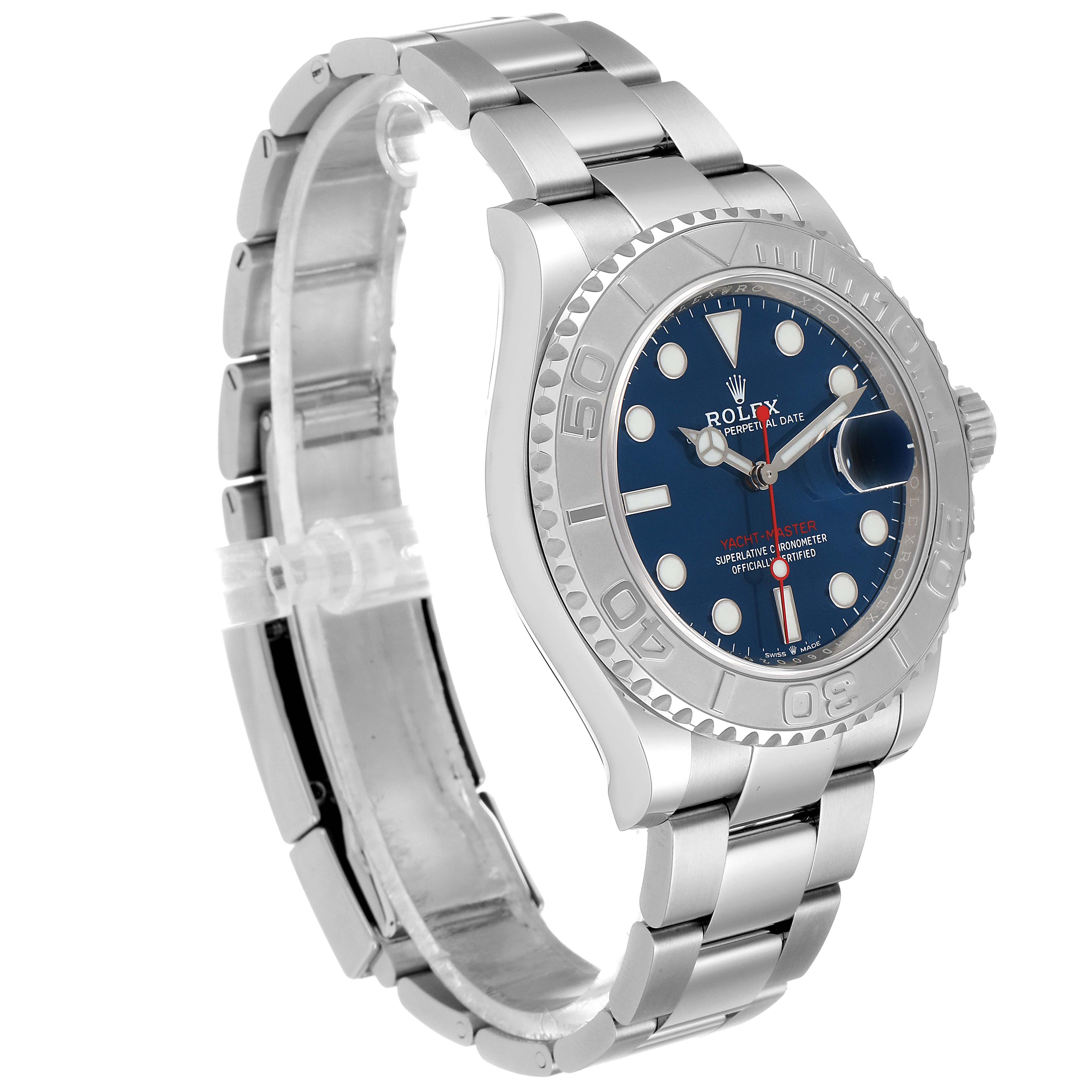 The image shows a side angle of the Rolex Yacht-Master 126622 Men's Stainless Steel Blue Dial 126622 Men's Stainless Steel Blue Dial watch, highlighting the dial, bezel, and bracelet.