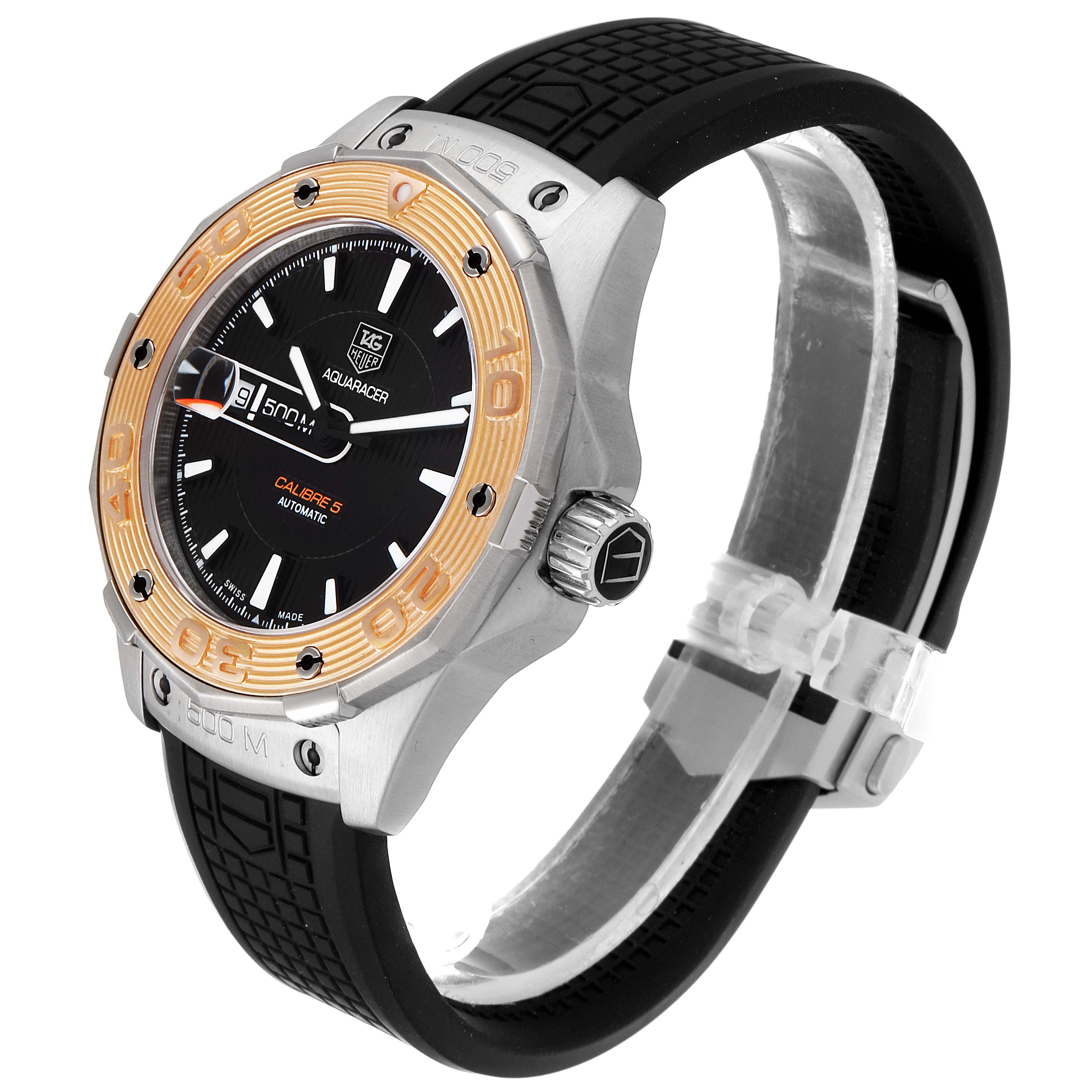 The image shows a Tag Heuer Aquaracer WAJ2150.FT6015 Men
s Stainless Steel Black Dial WAJ2150.FT6015 Men
s Stainless Steel Black Dial watch at an angled side view, highlighting the bezel, dial, and black strap.