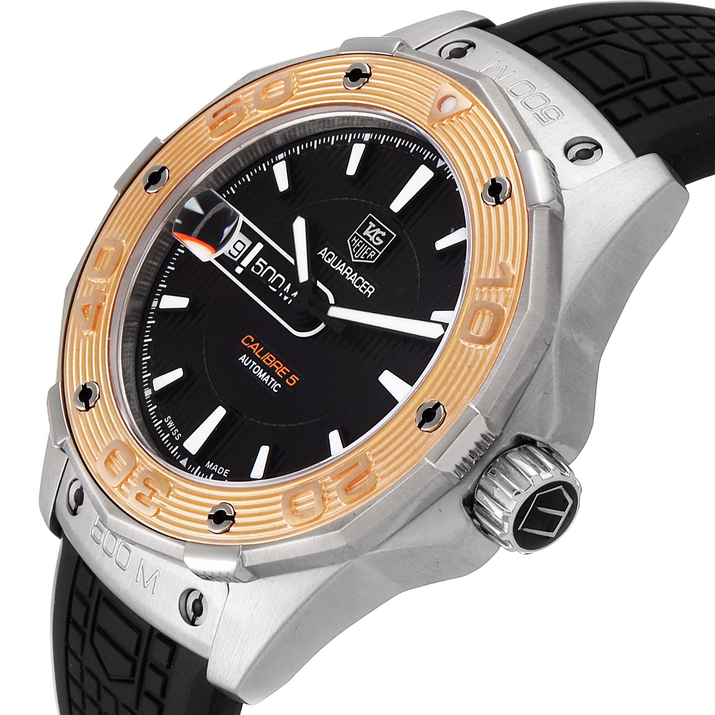 The image shows a Tag Heuer Aquaracer WAJ2150.FT6015 Men
s Stainless Steel Black Dial WAJ2150.FT6015 Men
s Stainless Steel Black Dial watch at an angle, highlighting the bezel, crown, and a portion of the strap.