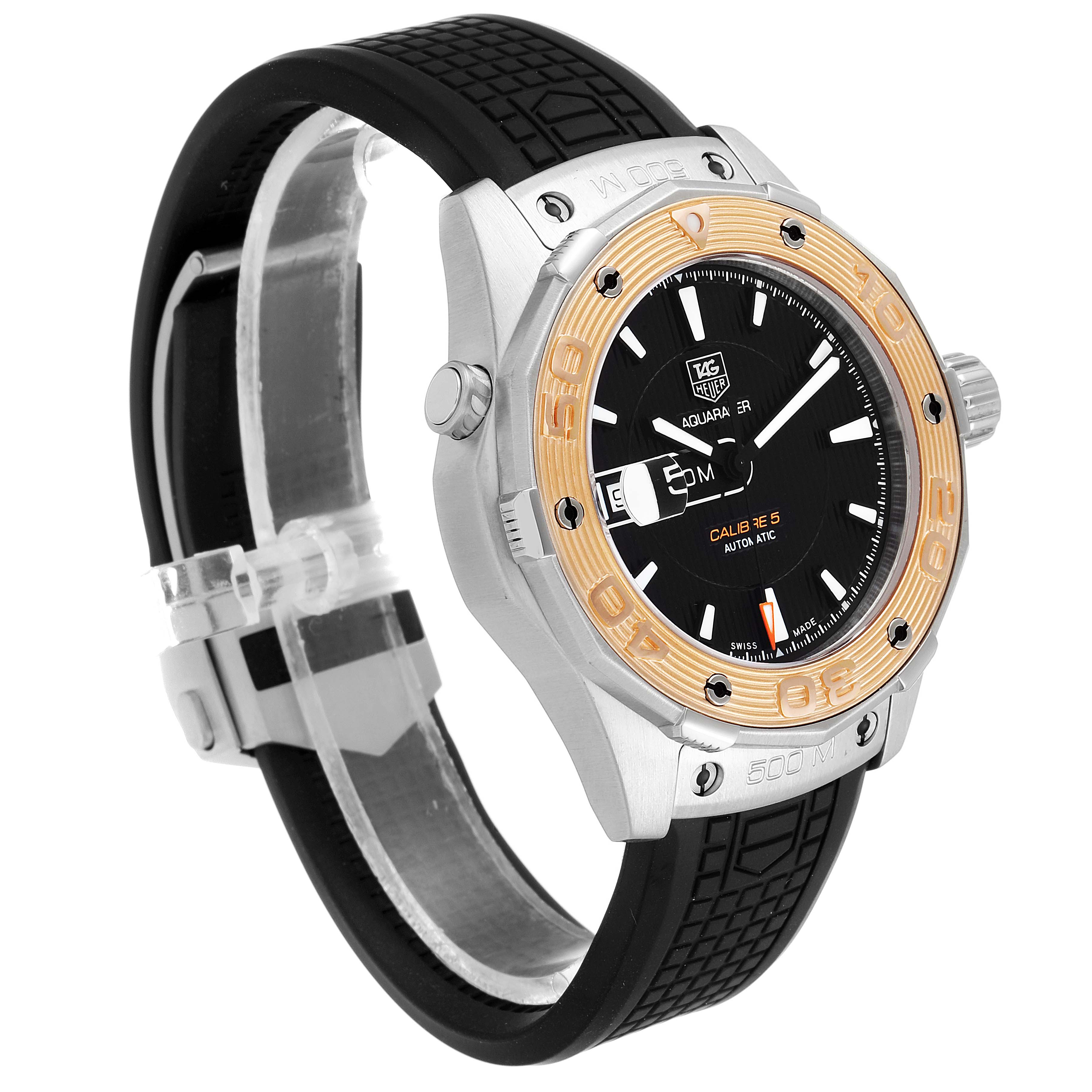 The image shows a Tag Heuer Aquaracer WAJ2150.FT6015 Men
s Stainless Steel Black Dial WAJ2150.FT6015 Men
s Stainless Steel Black Dial watch at a side angle, highlighting the bezel, dial, and strap.