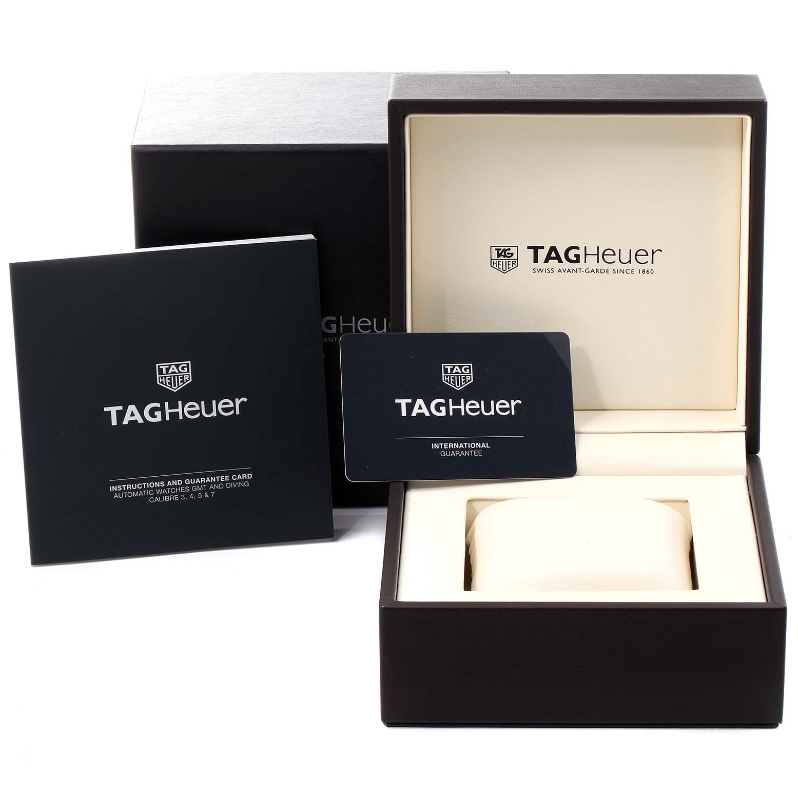 The image shows the box, instruction booklet, and international guarantee card for the Tag Heuer Aquaracer WAJ2150.FT6015 Men
s Stainless Steel Black Dial WAJ2150.FT6015 Men
s Stainless Steel Black Dial model watch.