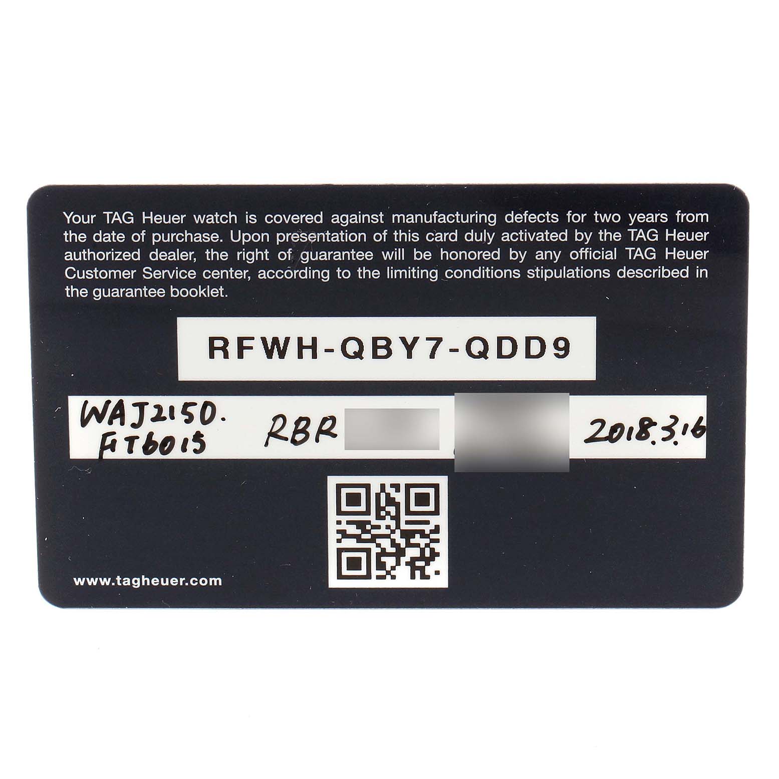 This image shows the backside of a warranty card for a Tag Heuer Aquaracer WAJ2150.FT6015 Men
s Stainless Steel Black Dial WAJ2150.FT6015 Men
s Stainless Steel Black Dial watch.