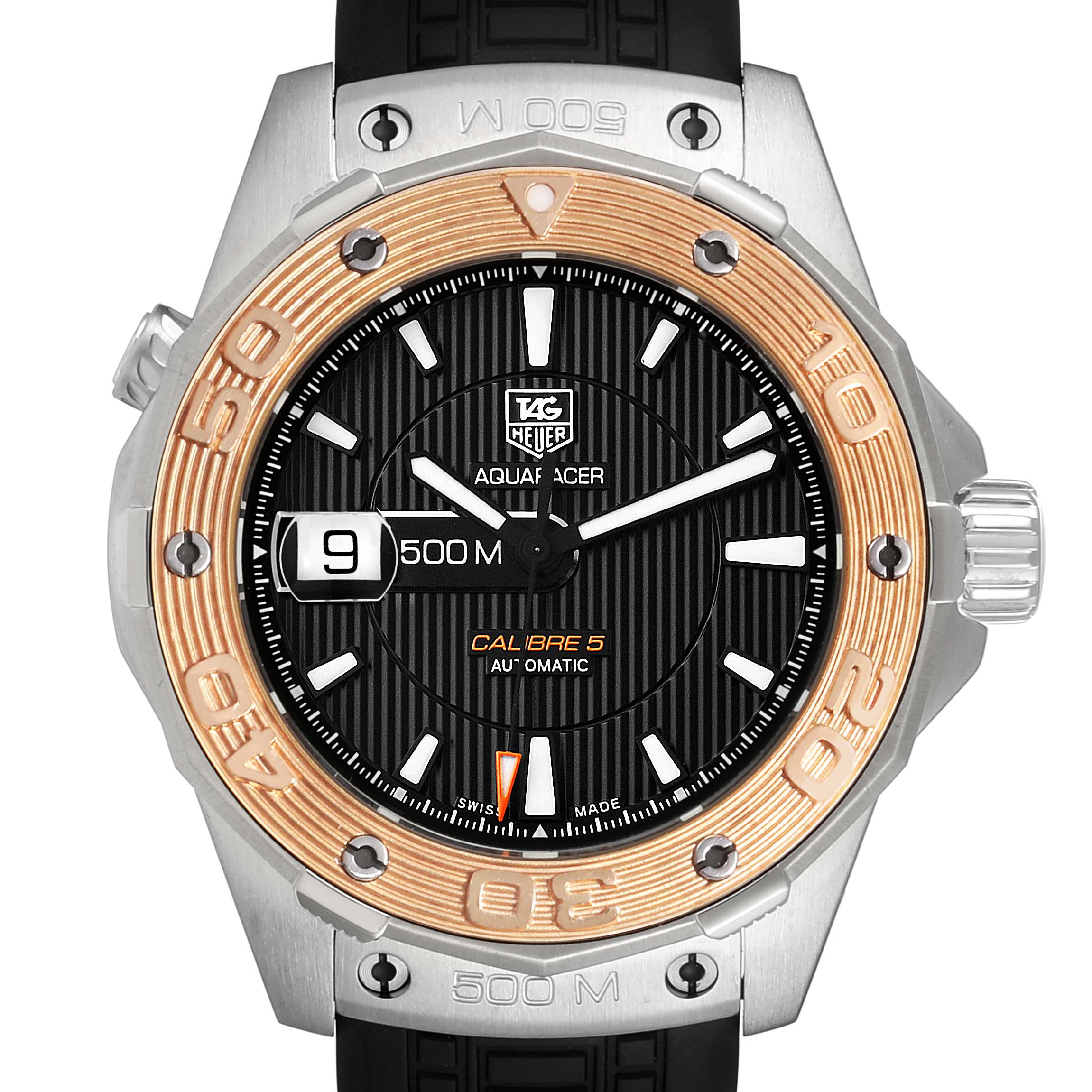 The image shows a front view of the Tag Heuer Aquaracer WAJ2150.FT6015 Men
s Stainless Steel Black Dial WAJ2150.FT6015 Men
s Stainless Steel Black Dial watch, displaying its black dial, date window, and bezel.