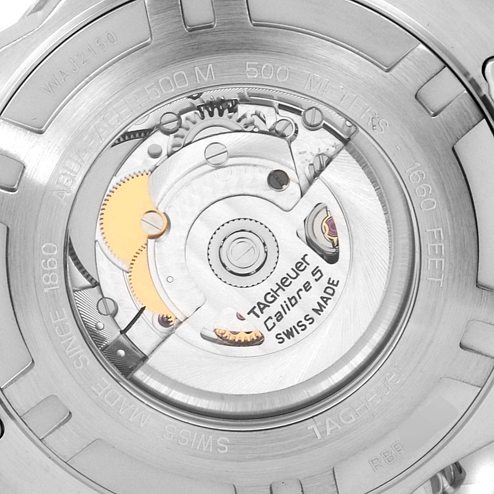 This image shows the back of a Tag Heuer Aquaracer WAJ2150.FT6015 Men
s Stainless Steel Black Dial WAJ2150.FT6015 Men
s Stainless Steel Black Dial watch, highlighting its Calibre 5 movement and inner mechanisms.