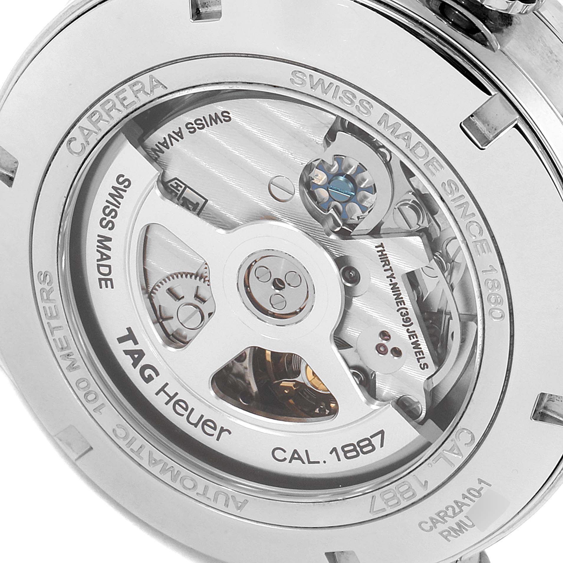 This image shows the back view of the Tag Heuer Carrera CAR2A10 Men
s Stainless Steel Black Dial CAR2A10 Men
s Stainless Steel Black Dial watch, highlighting its internal automatic movement and markings.