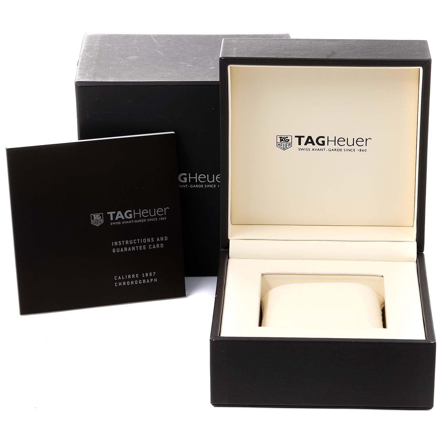 The image shows the Tag Heuer Carrera CAR2A10 Men
s Stainless Steel Black Dial CAR2A10 Men
s Stainless Steel Black Dial watch box, its outer box, and an instructions and guarantee card.