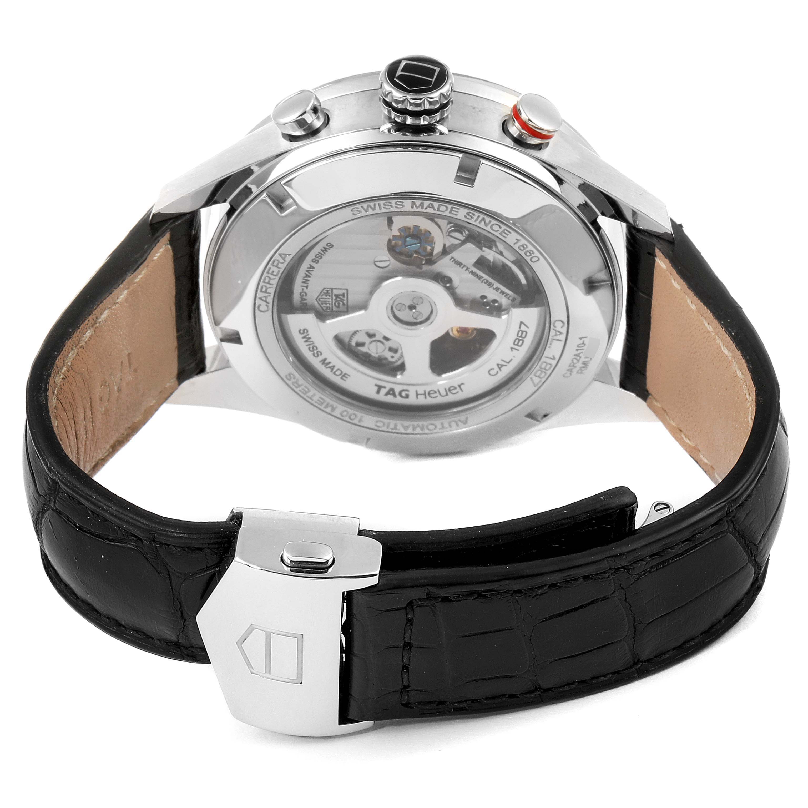 This image shows the back and clasp of a Tag Heuer Carrera CAR2A10 Men
s Stainless Steel Black Dial CAR2A10 Men
s Stainless Steel Black Dial watch with an exposed mechanism and black leather strap.
