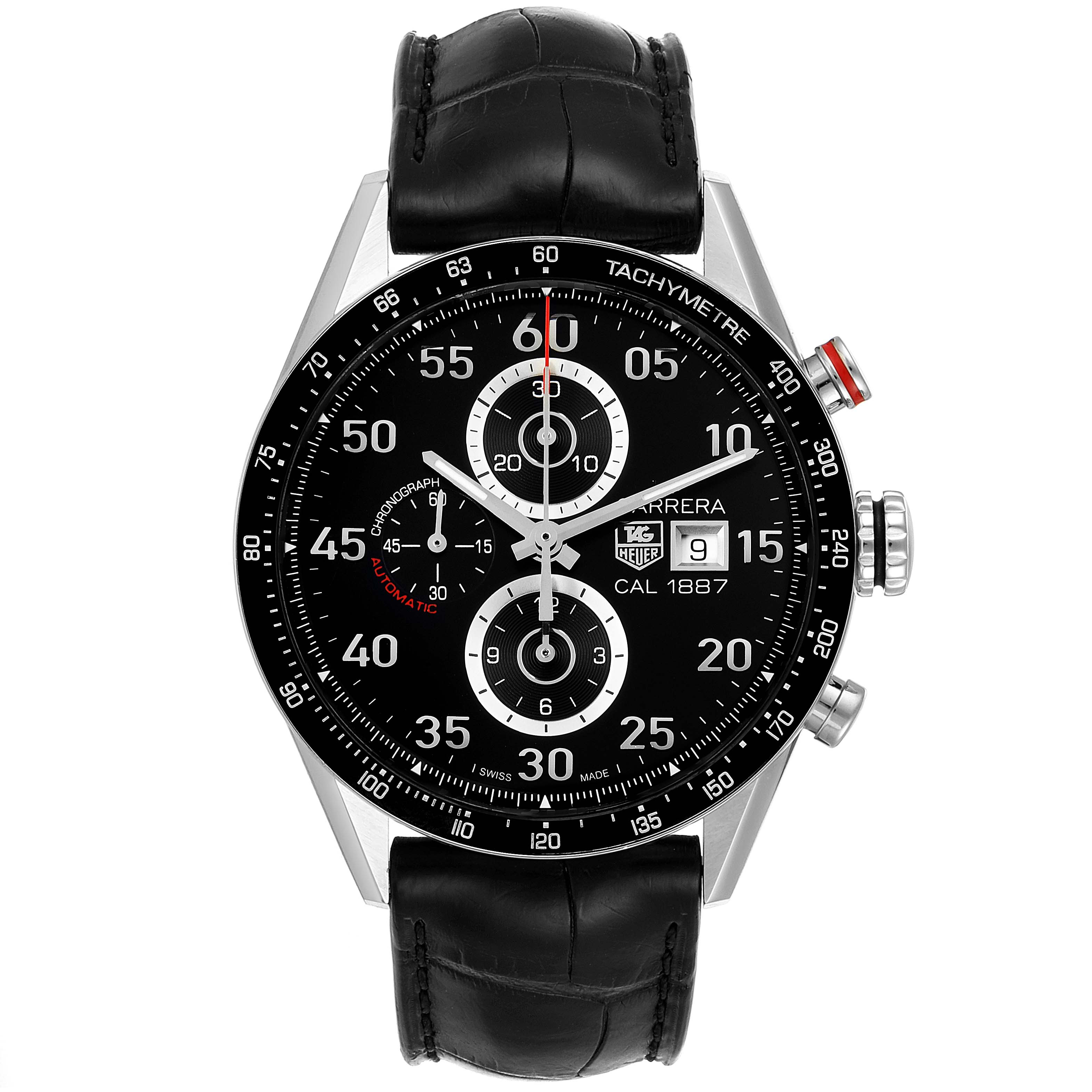 The image shows a front view of a Tag Heuer Carrera CAR2A10 Men
s Stainless Steel Black Dial CAR2A10 Men
s Stainless Steel Black Dial watch with a black dial and leather strap.