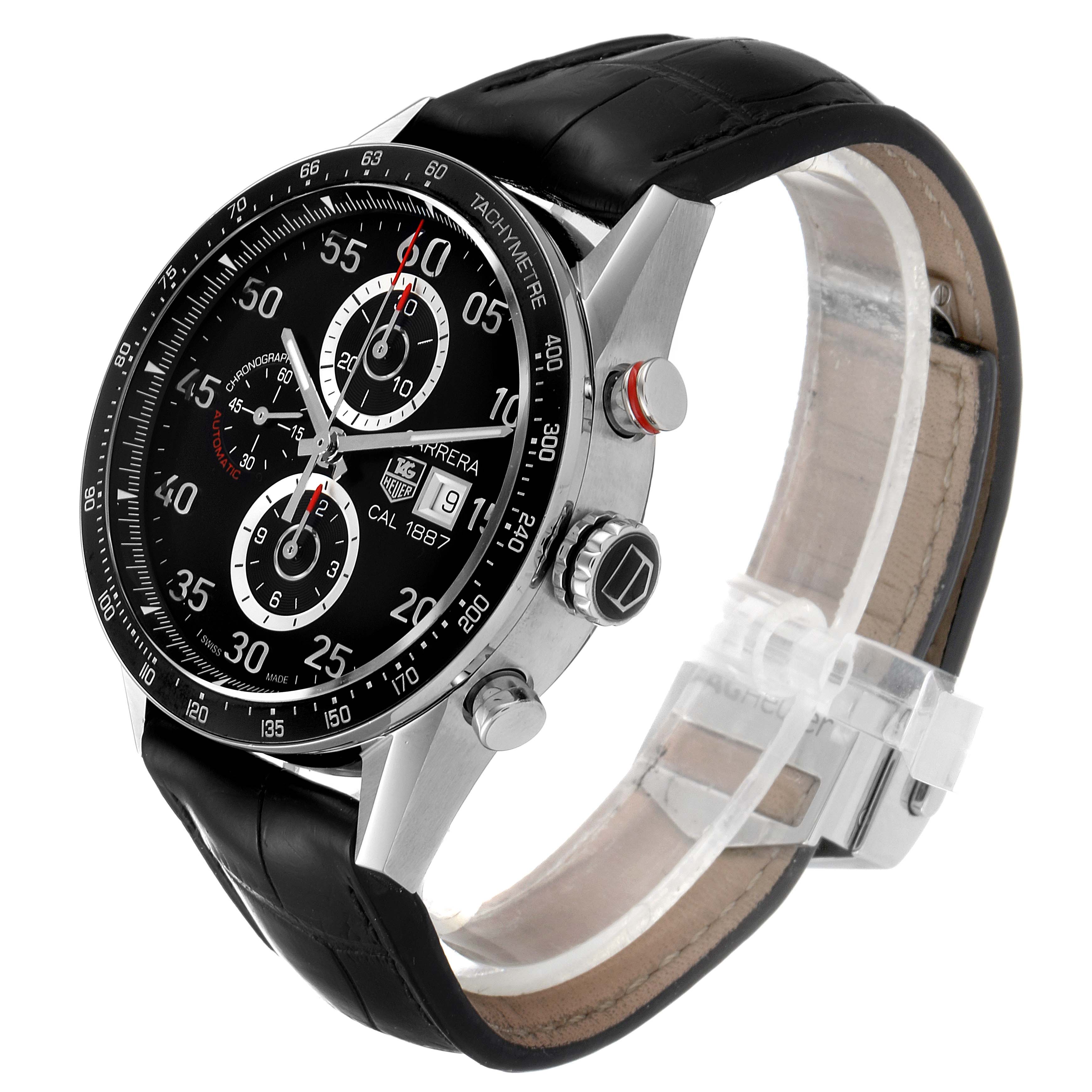 The image shows a side view of the Tag Heuer Carrera CAR2A10 Men
s Stainless Steel Black Dial CAR2A10 Men
s Stainless Steel Black Dial watch, highlighting its black dial, three subdials, and black leather strap.