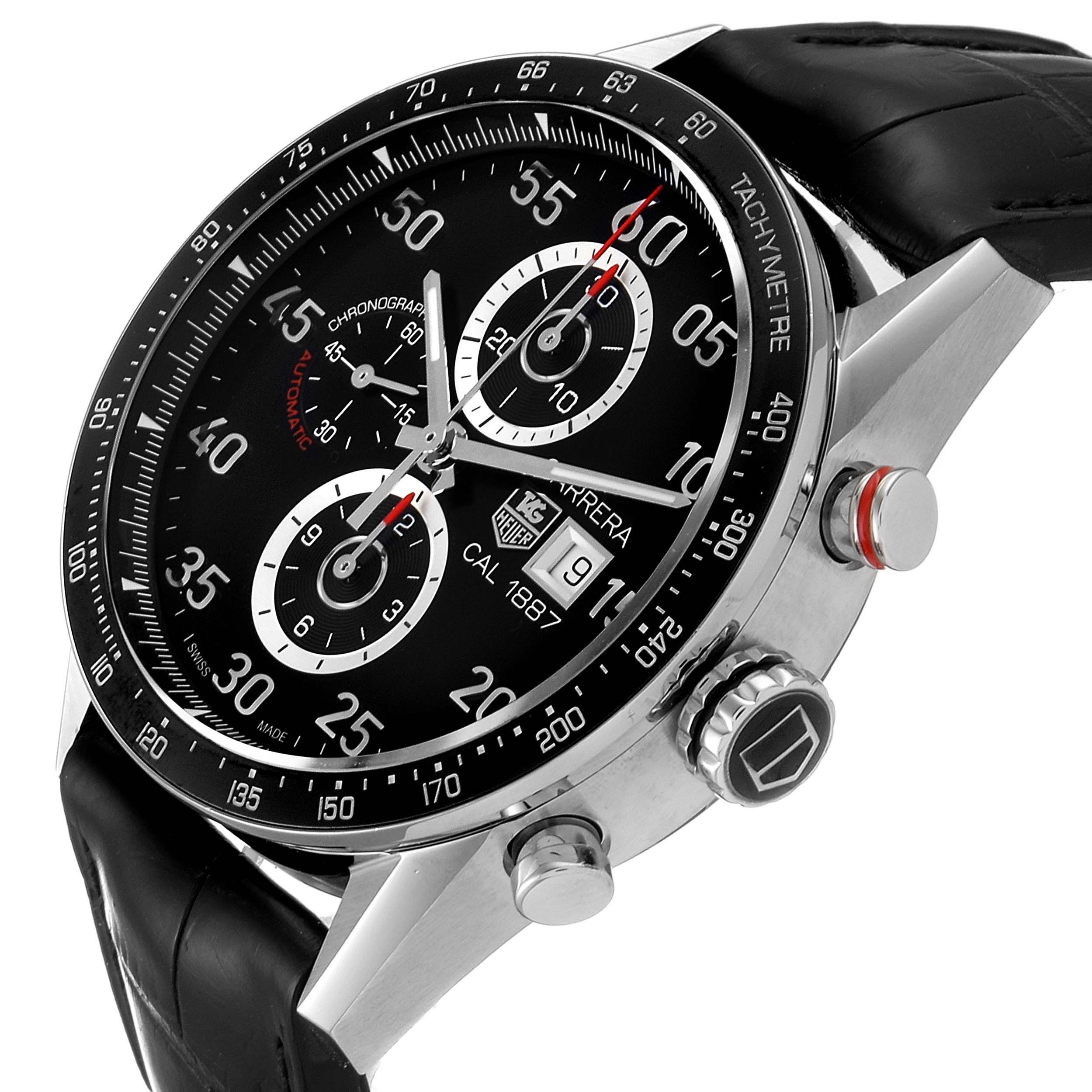 The image shows a close-up of a Tag Heuer Carrera CAR2A10 Men
s Stainless Steel Black Dial CAR2A10 Men
s Stainless Steel Black Dial watch, highlighting the dial, tachymeter bezel, and crown from an angled perspective.