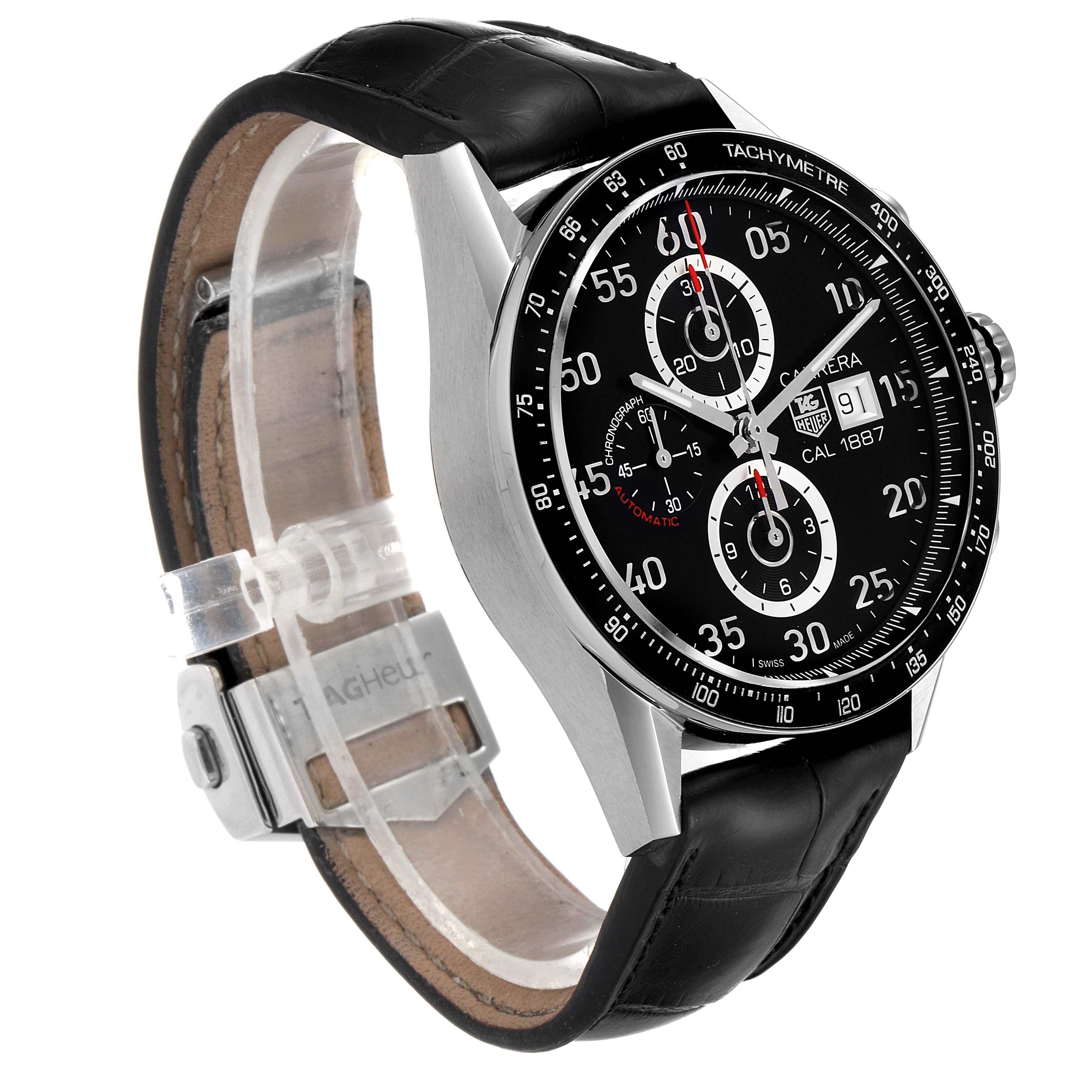 This image shows a side and front angle of the Tag Heuer Carrera CAR2A10 Men
s Stainless Steel Black Dial CAR2A10 Men
s Stainless Steel Black Dial watch, displaying the black dial, bezel, and leather strap.