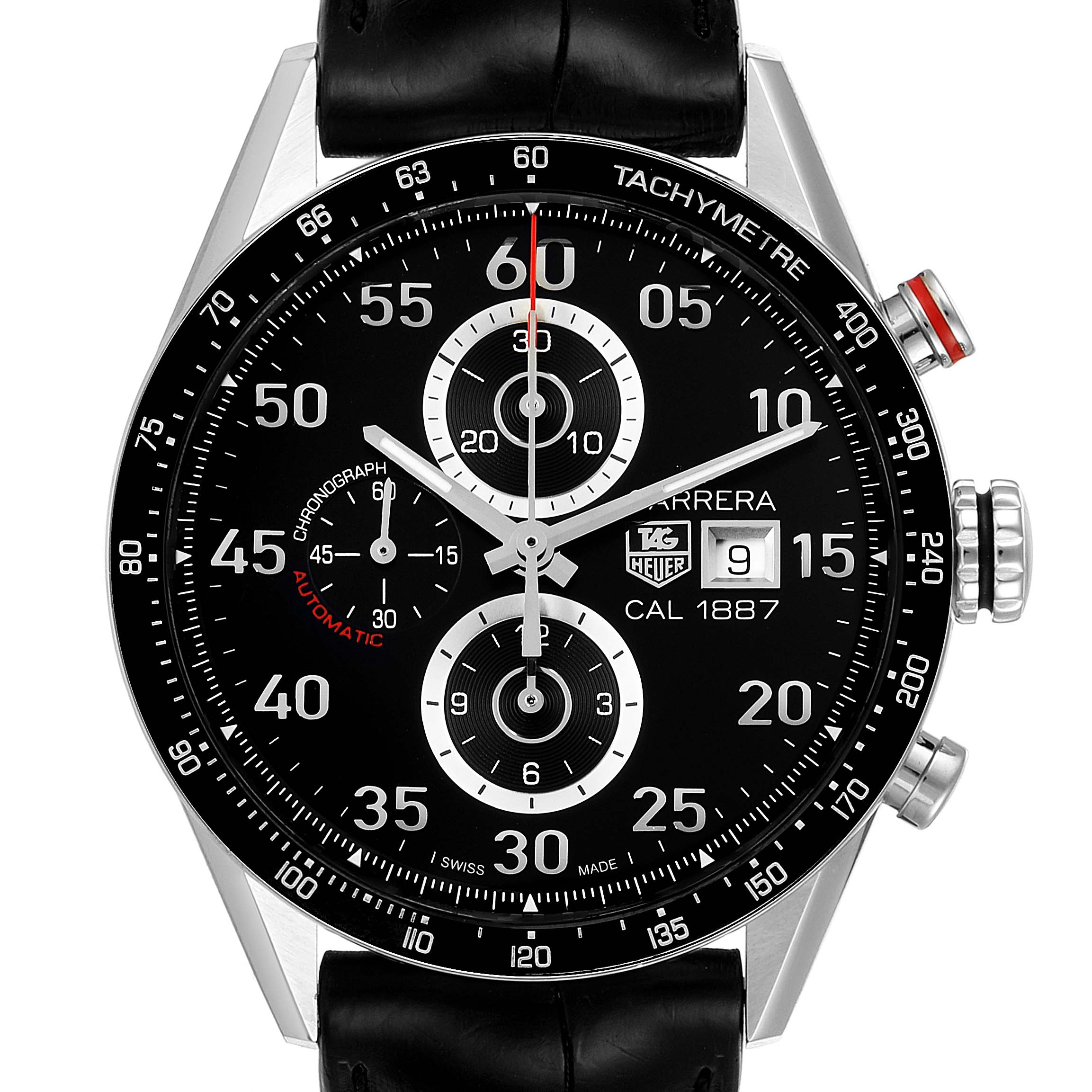This image shows a front view of the Tag Heuer Carrera CAR2A10 Men
s Stainless Steel Black Dial CAR2A10 Men
s Stainless Steel Black Dial watch, highlighting its chronograph, tachymeter, and date window features.