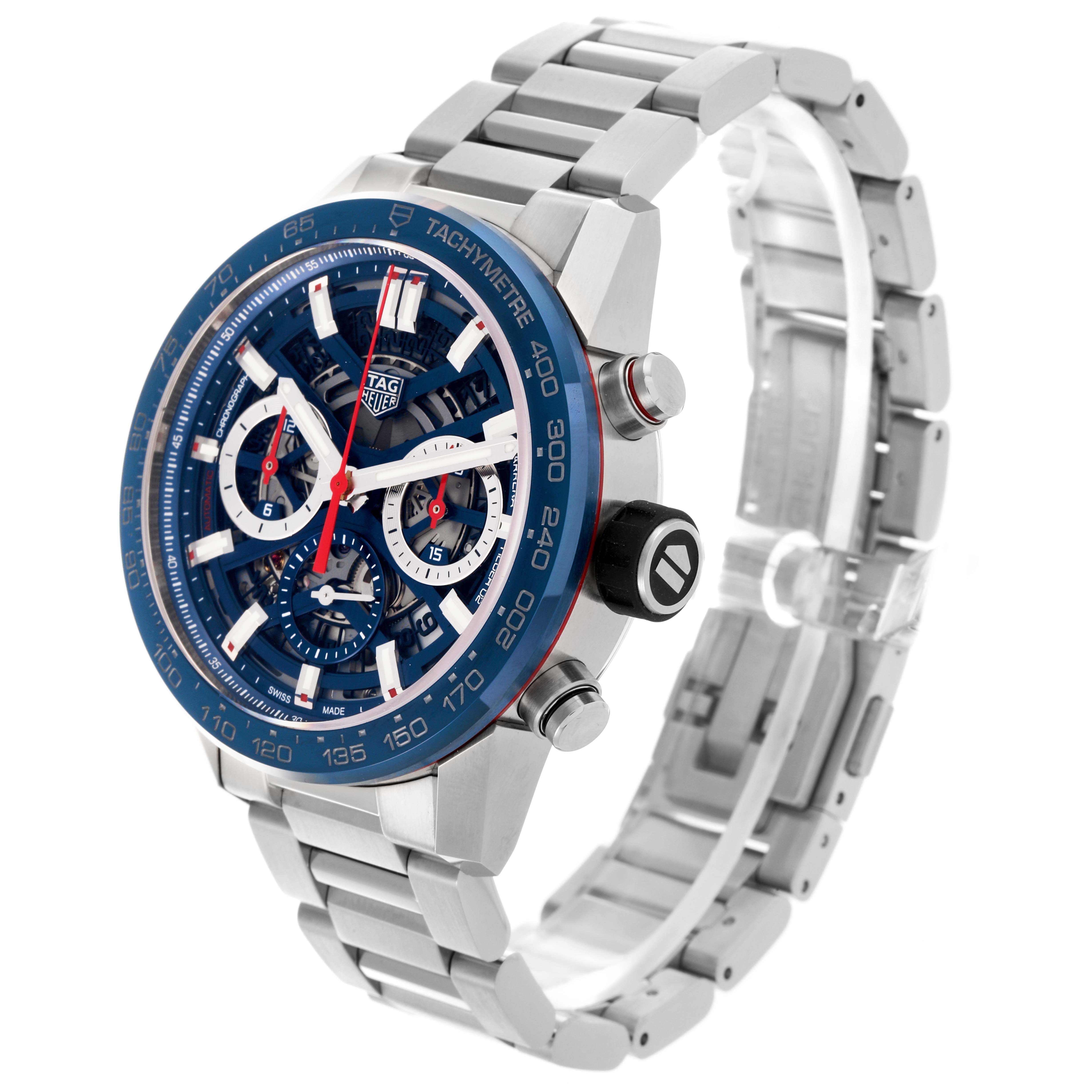 The Tag Heuer Carrera CBG2011 Men
s Stainless Steel Blue Dial CBG2011 Men
s Stainless Steel Blue Dial watch is shown at a three-quarter angle, highlighting the dial, tachymeter bezel, buttons, and metal bracelet.