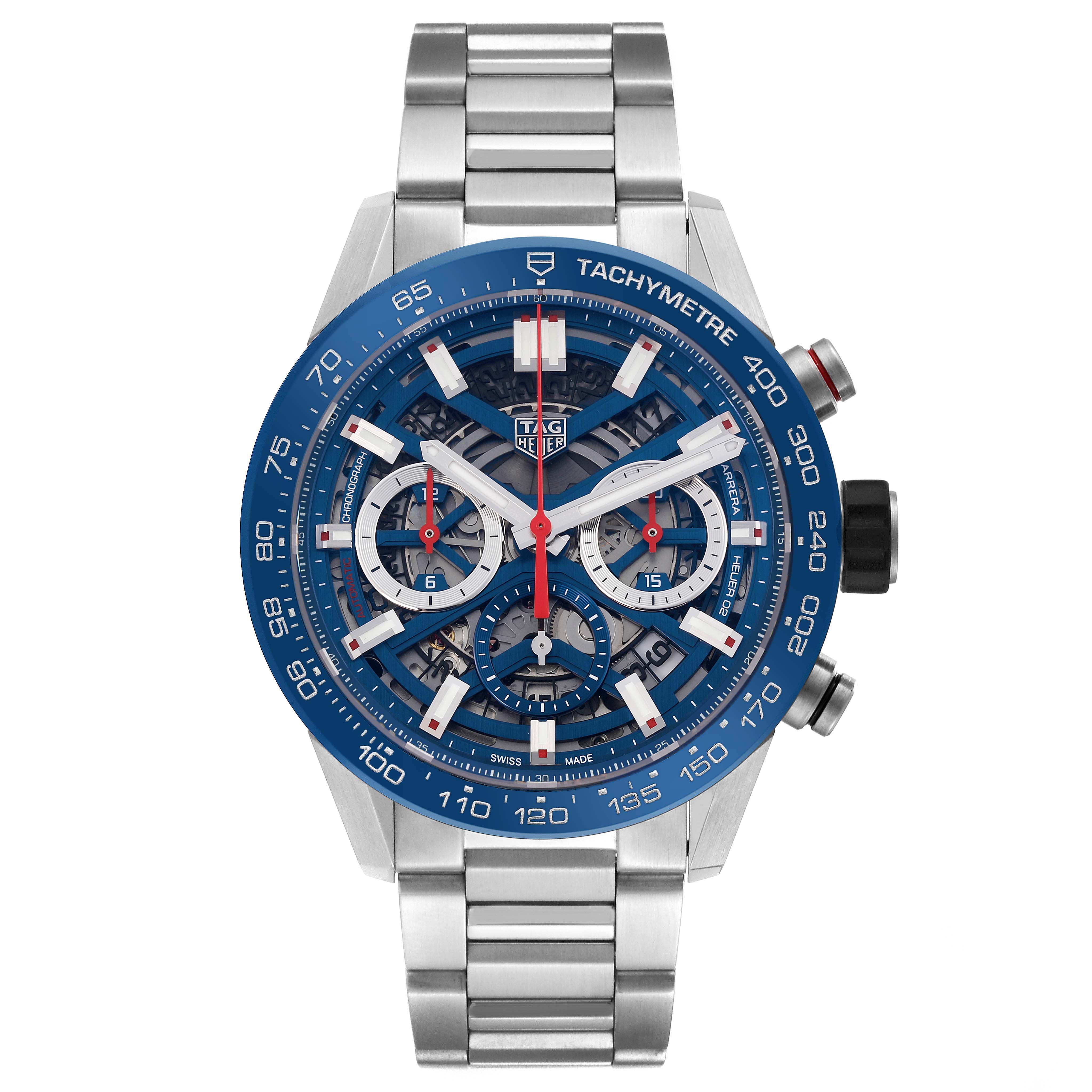 The Tag Heuer Carrera CBG2011 Men
s Stainless Steel Blue Dial CBG2011 Men
s Stainless Steel Blue Dial watch is shown from a front view, highlighting its blue dial, tachymeter bezel, and stainless steel bracelet.