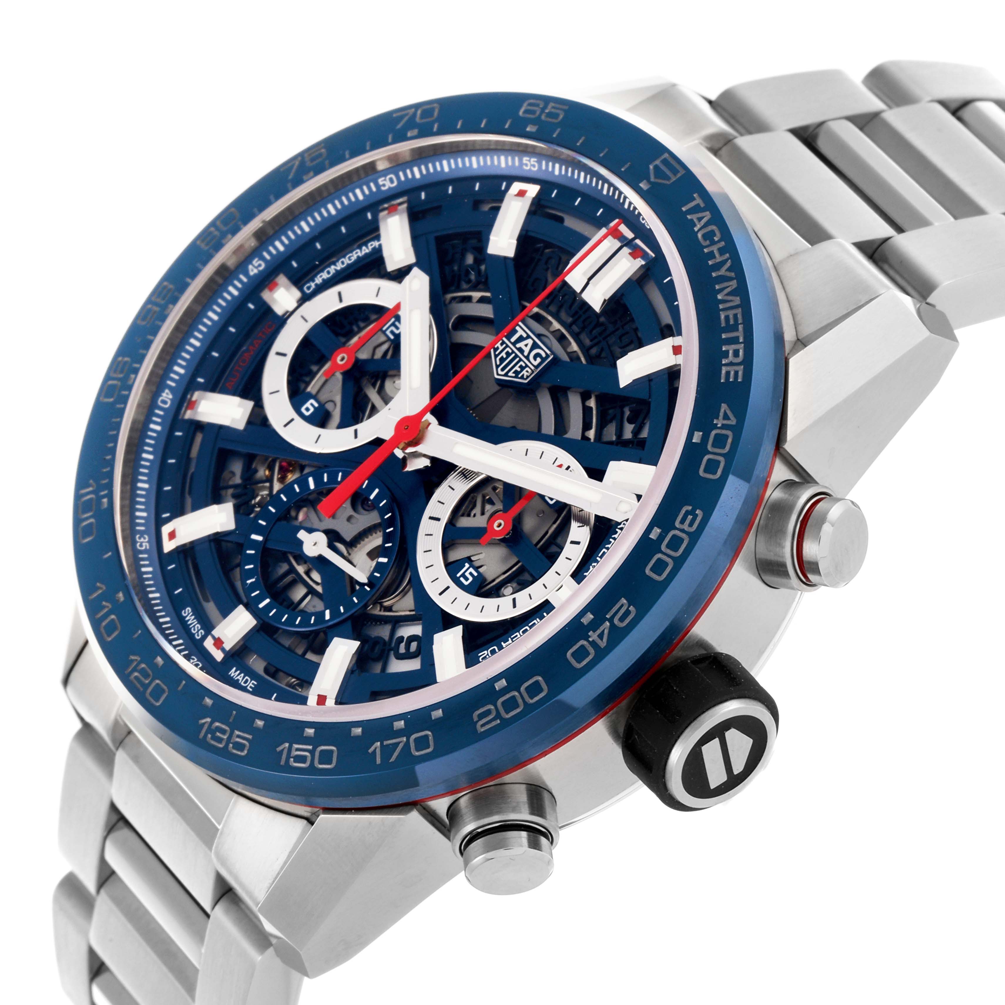 The Tag Heuer Carrera CBG2011 Men
s Stainless Steel Blue Dial CBG2011 Men
s Stainless Steel Blue Dial watch is shown at an angled side view, highlighting the dial, tachymeter, and bracelet.