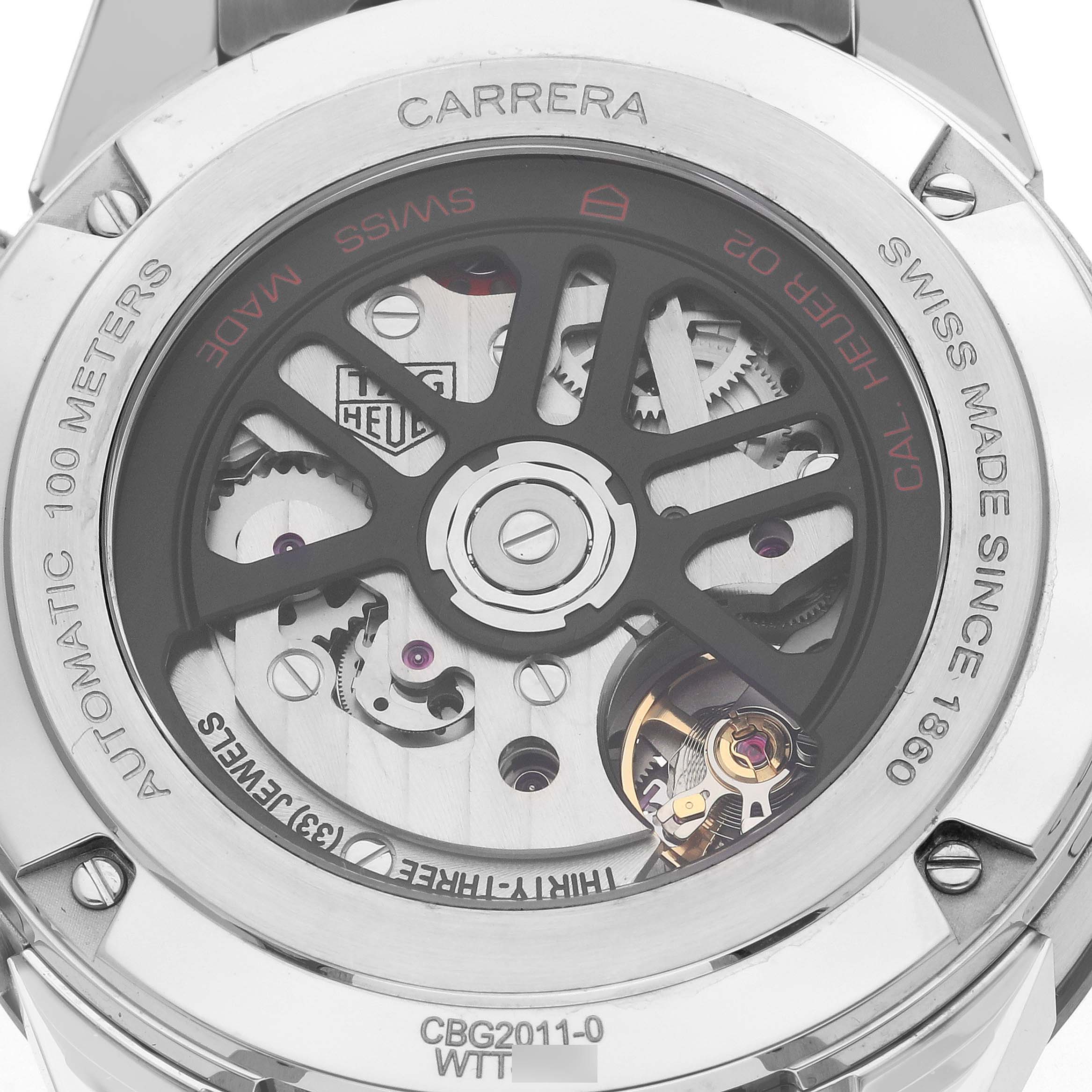 The Tag Heuer Carrera CBG2011 Men
s Stainless Steel Blue Dial CBG2011 Men
s Stainless Steel Blue Dial watch is shown from the back, revealing the automatic movement and inner mechanics.