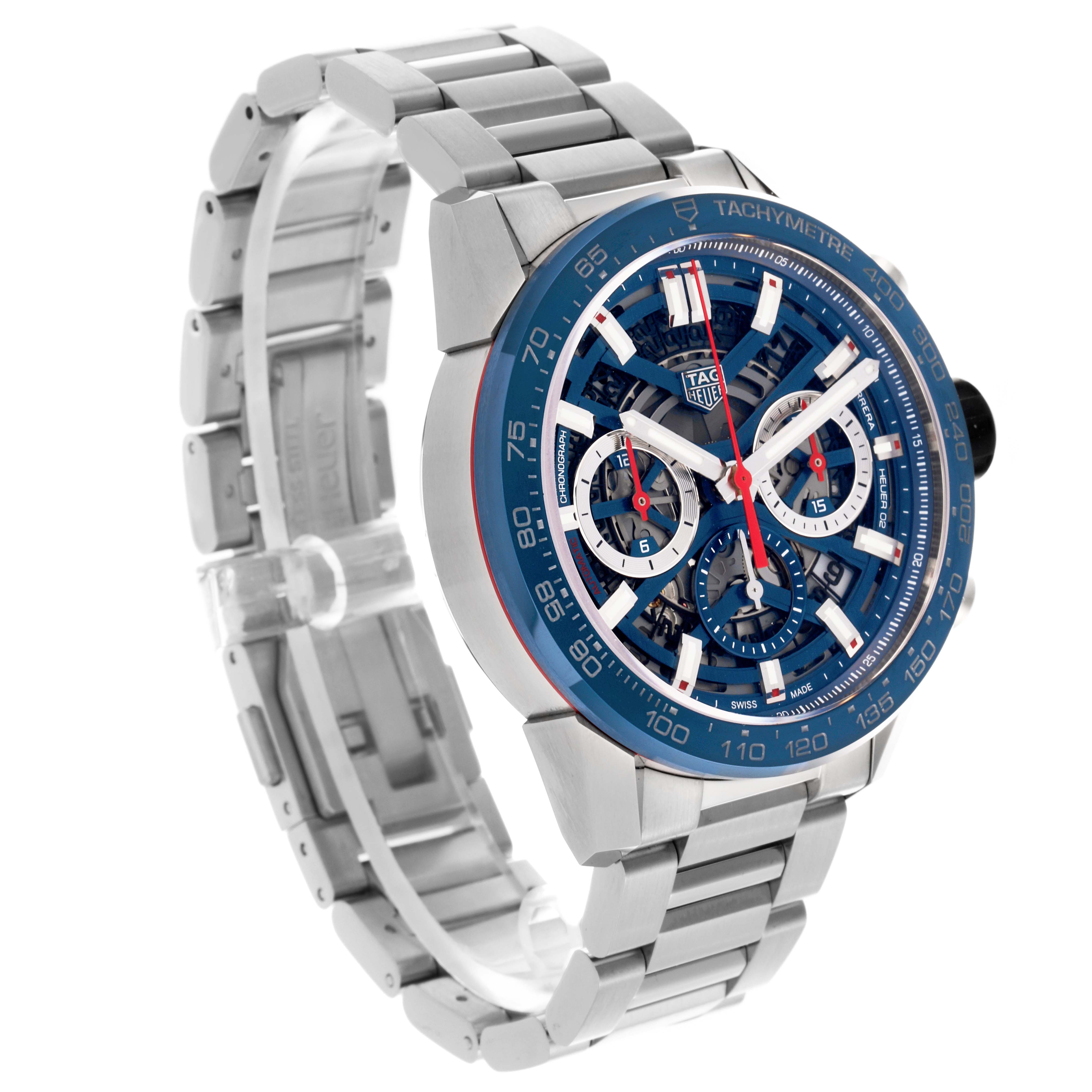 The Tag Heuer Carrera CBG2011 Men
s Stainless Steel Blue Dial CBG2011 Men
s Stainless Steel Blue Dial watch is shown at a three-quarter angle, highlighting the face, bezel, and metal bracelet.