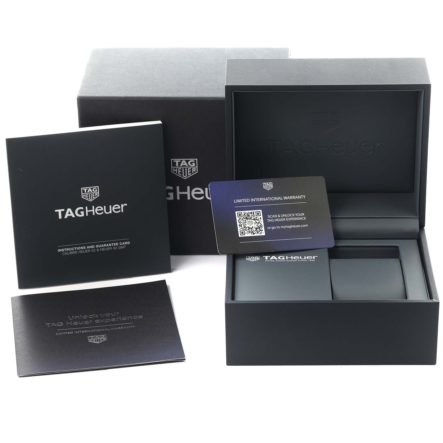 The image shows a Tag Heuer Carrera CBG2011 Men
s Stainless Steel Blue Dial CBG2011 Men
s Stainless Steel Blue Dial watch box, warranty card, and user manuals, all viewed from the front.