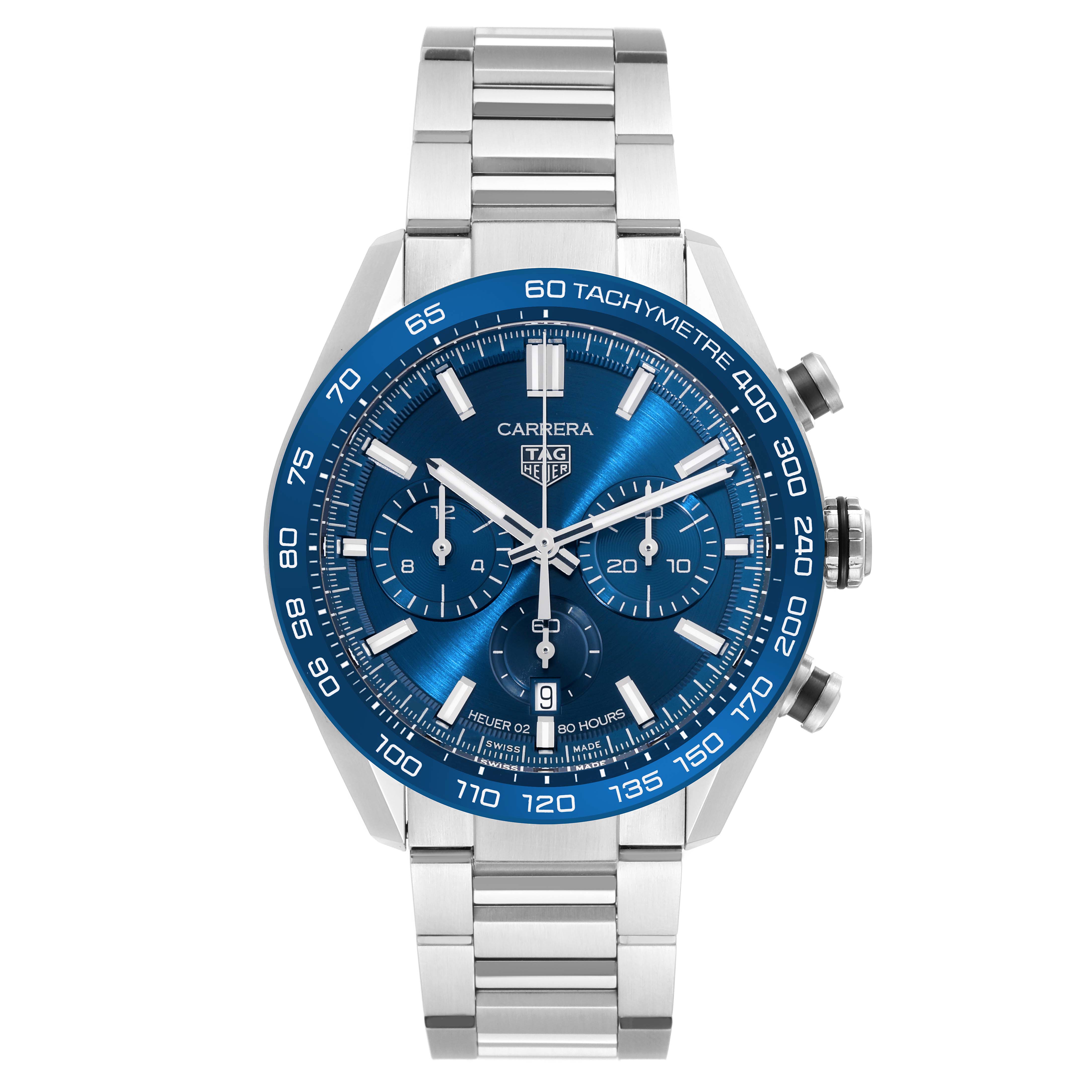 The image shows a frontal view of the Tag Heuer Carrera CBN2A1A.BA0643 Men's Stainless Steel Blue Dial CBN2A1A.BA0643 Men's Stainless Steel Blue Dial watch with a blue dial and stainless steel bracelet.