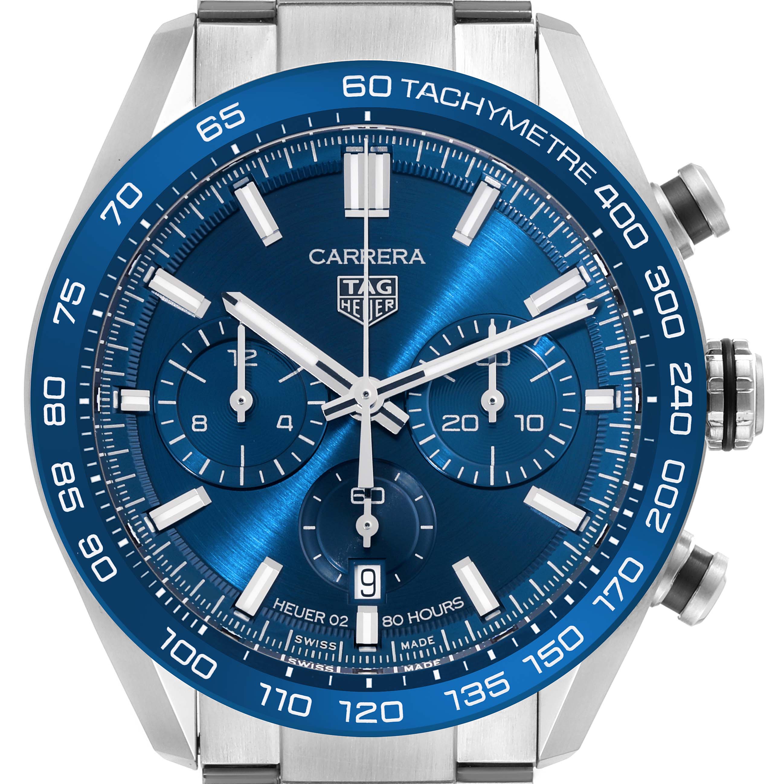 This Tag Heuer Carrera CBN2A1A.BA0643 Men's Stainless Steel Blue Dial CBN2A1A.BA0643 Men's Stainless Steel Blue Dial watch is shown from the front, highlighting its blue dial, chronograph subdials, and tachymeter bezel.