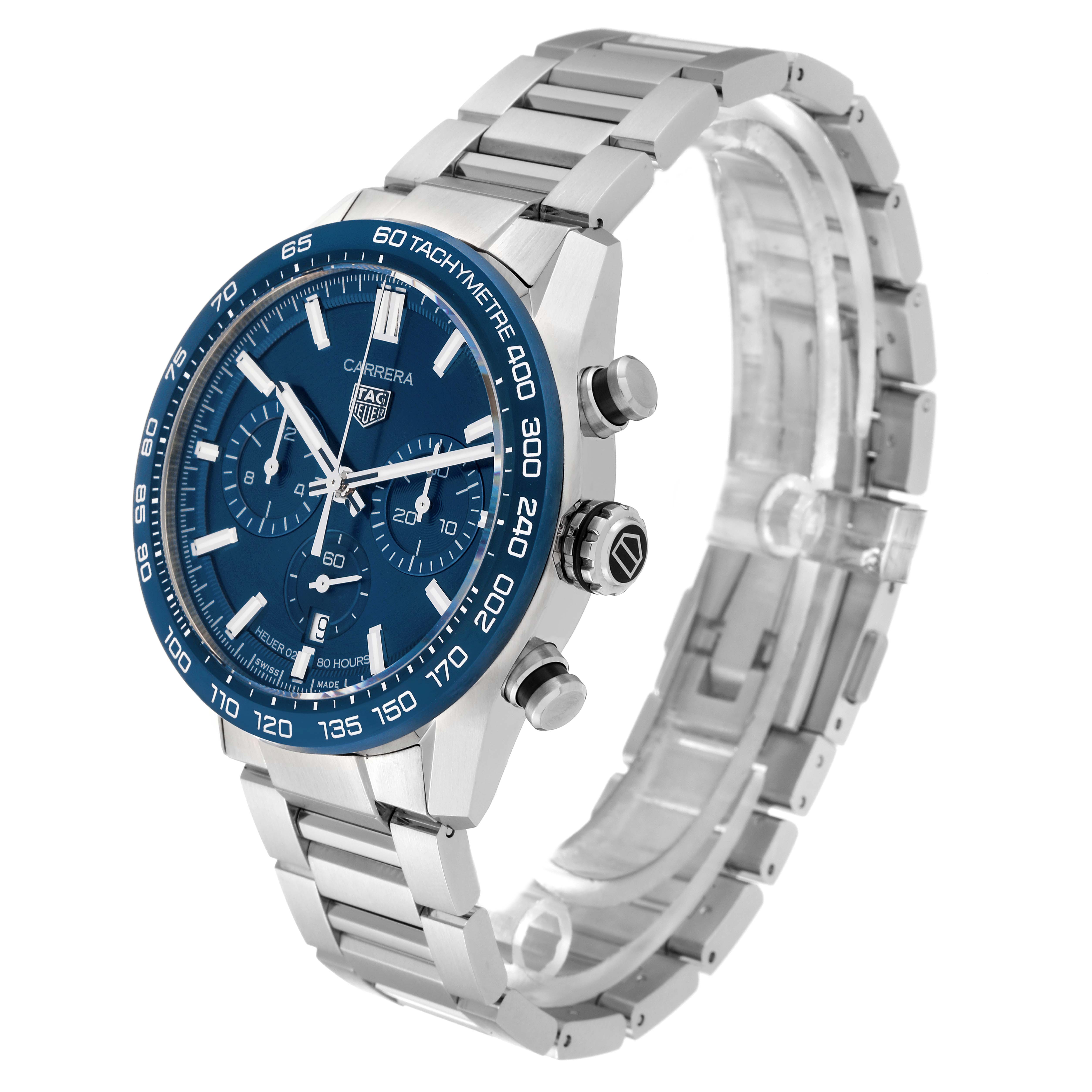 The image shows a Tag Heuer Carrera CBN2A1A.BA0643 Men's Stainless Steel Blue Dial CBN2A1A.BA0643 Men's Stainless Steel Blue Dial watch at a slight side angle, highlighting its blue dial, tachymeter bezel, and metal bracelet.