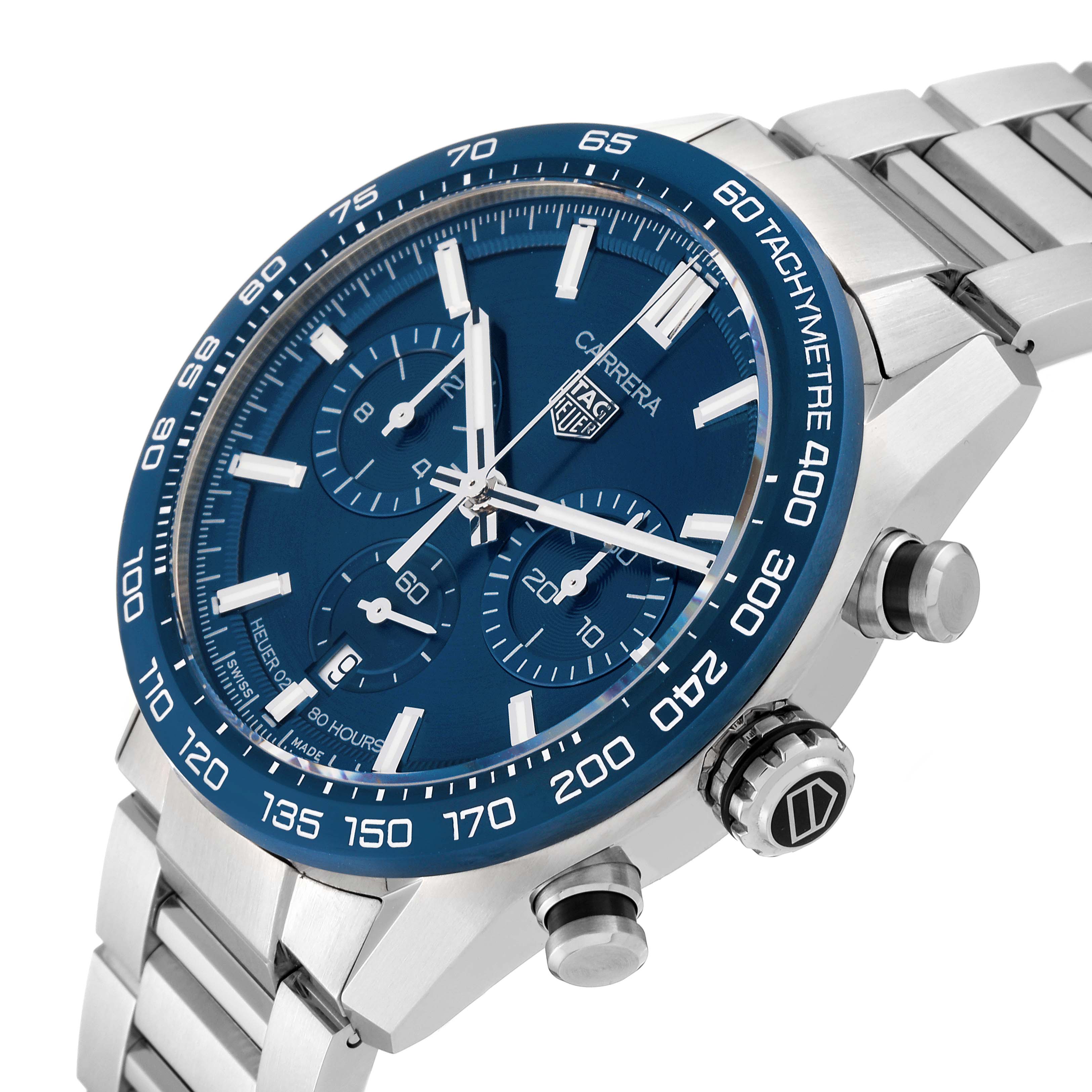 The image shows a Tag Heuer Carrera CBN2A1A.BA0643 Men's Stainless Steel Blue Dial CBN2A1A.BA0643 Men's Stainless Steel Blue Dial watch from an angled side view, highlighting its blue dial, chronograph sub-dials, and stainless steel bracelet.